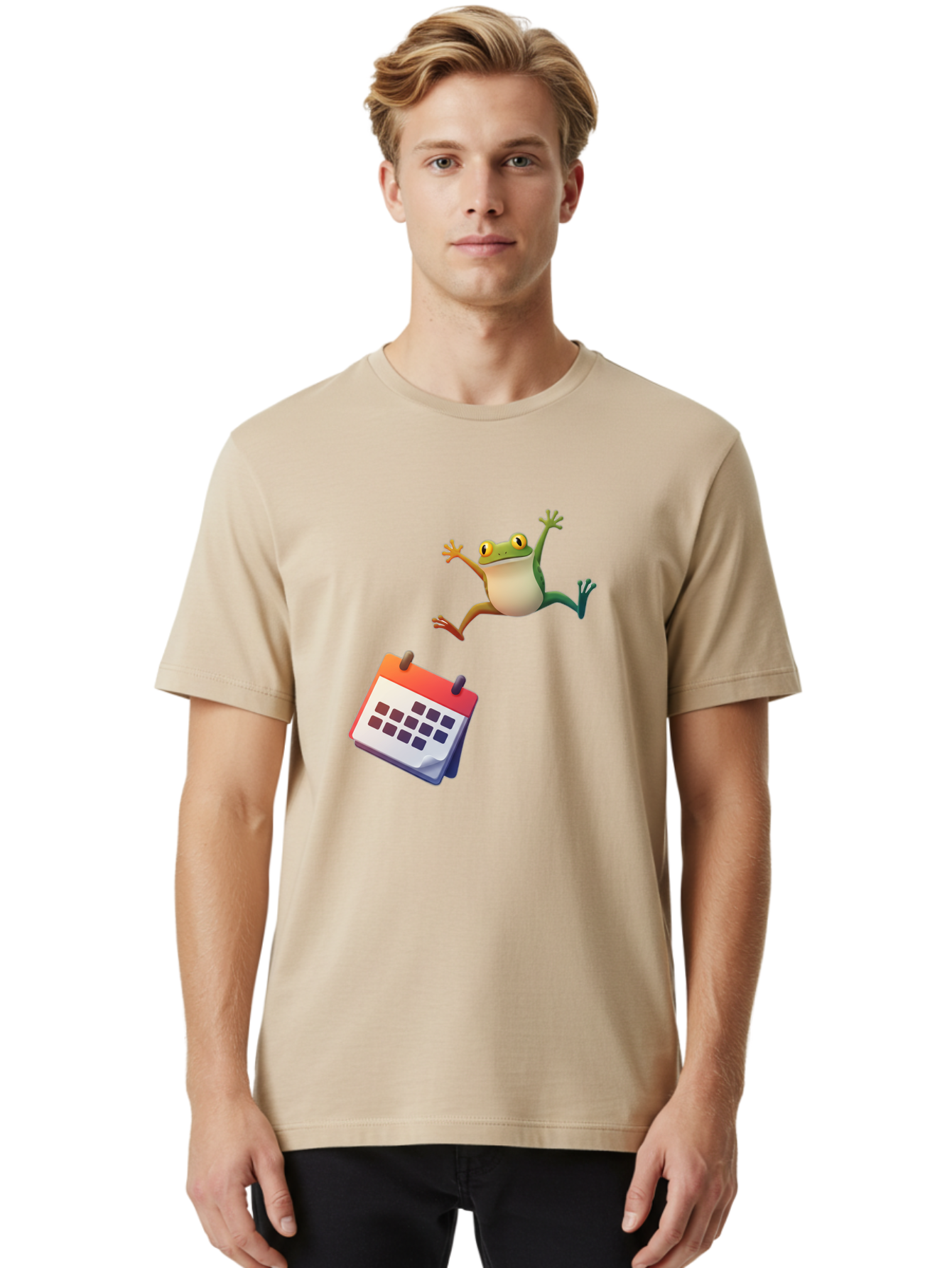 Frog-And-Calendar Men'S Graphic Tee, 100% Cotton, Comfortable Casual Summer Wear, Machine Washable, Cartoon Frog Jumping, Calendar With Blank Dates, Green Frog Character, Funny Amphibian, Calendar Design, Cartoon Style, Digital Illustration, Bab917