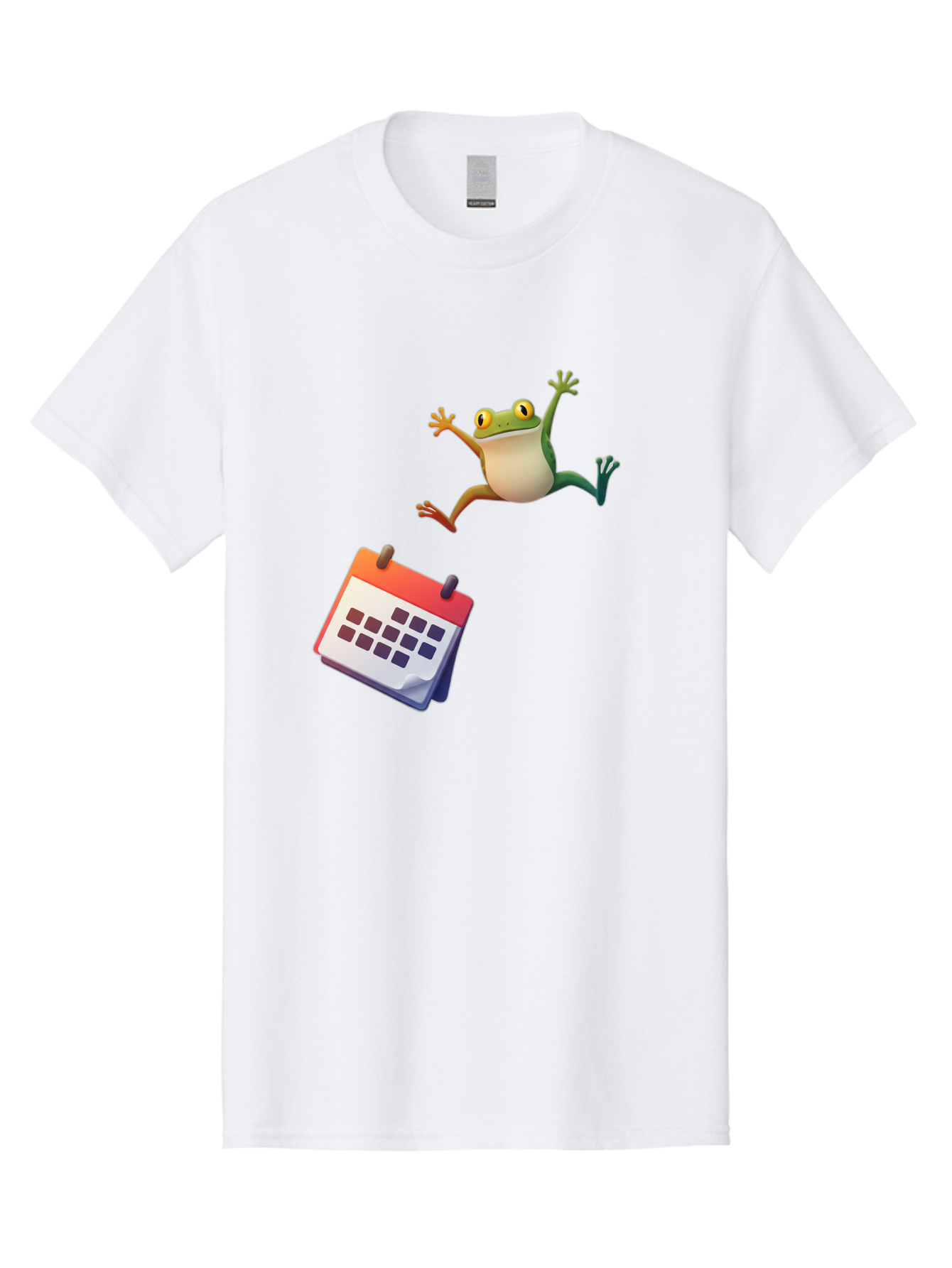Frog-And-Calendar Men'S Graphic Tee, 100% Cotton, Comfortable Casual Summer Wear, Machine Washable, Cartoon Frog Jumping, Calendar With Blank Dates, Green Frog Character, Funny Amphibian, Calendar Design, Cartoon Style, Digital Illustration, Bab917