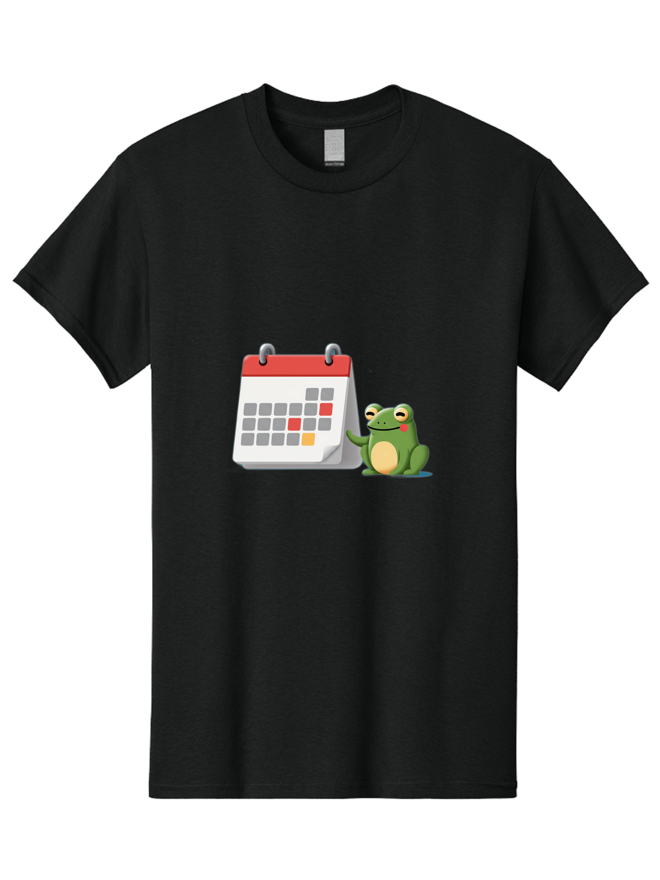 Frog-Calendar-1 Men'S Graphic Tee, 100% Cotton, Comfortable Casual Summer Wear, Machine Washable, Calendar With Frog, Scheduling, Planning, Organization, Time Management, Cartoon Character, Green Frog, Red Top Calendar, Gray Red Orange Dates, Bab918