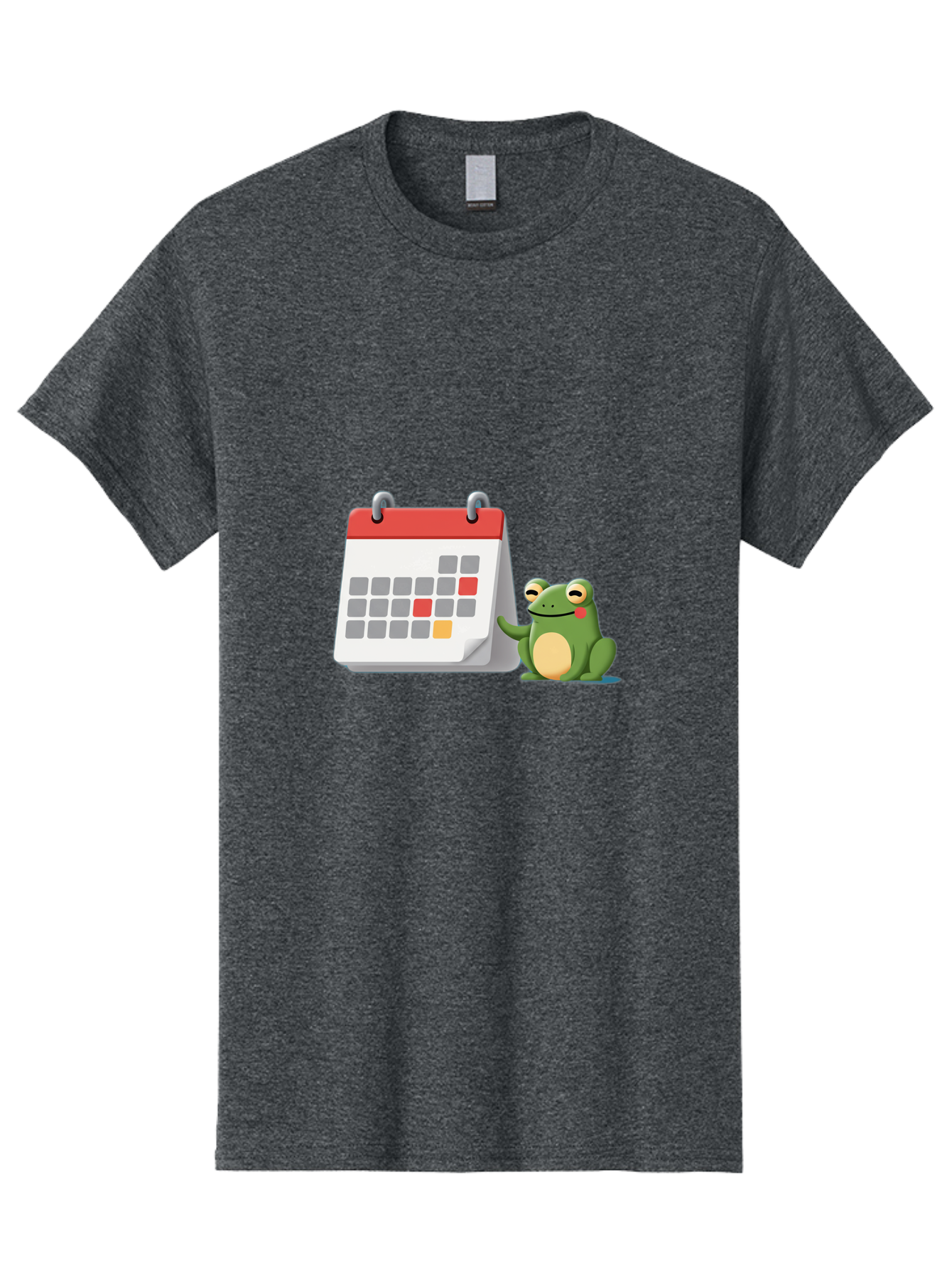 Frog-Calendar-1 Men'S Graphic Tee, 100% Cotton, Comfortable Casual Summer Wear, Machine Washable, Calendar With Frog, Scheduling, Planning, Organization, Time Management, Cartoon Character, Green Frog, Red Top Calendar, Gray Red Orange Dates, Bab918