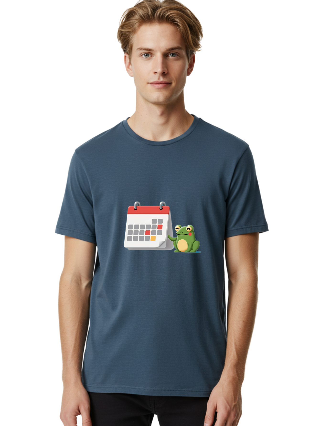 Frog-Calendar-1 Men'S Graphic Tee, 100% Cotton, Comfortable Casual Summer Wear, Machine Washable, Calendar With Frog, Scheduling, Planning, Organization, Time Management, Cartoon Character, Green Frog, Red Top Calendar, Gray Red Orange Dates, Bab918