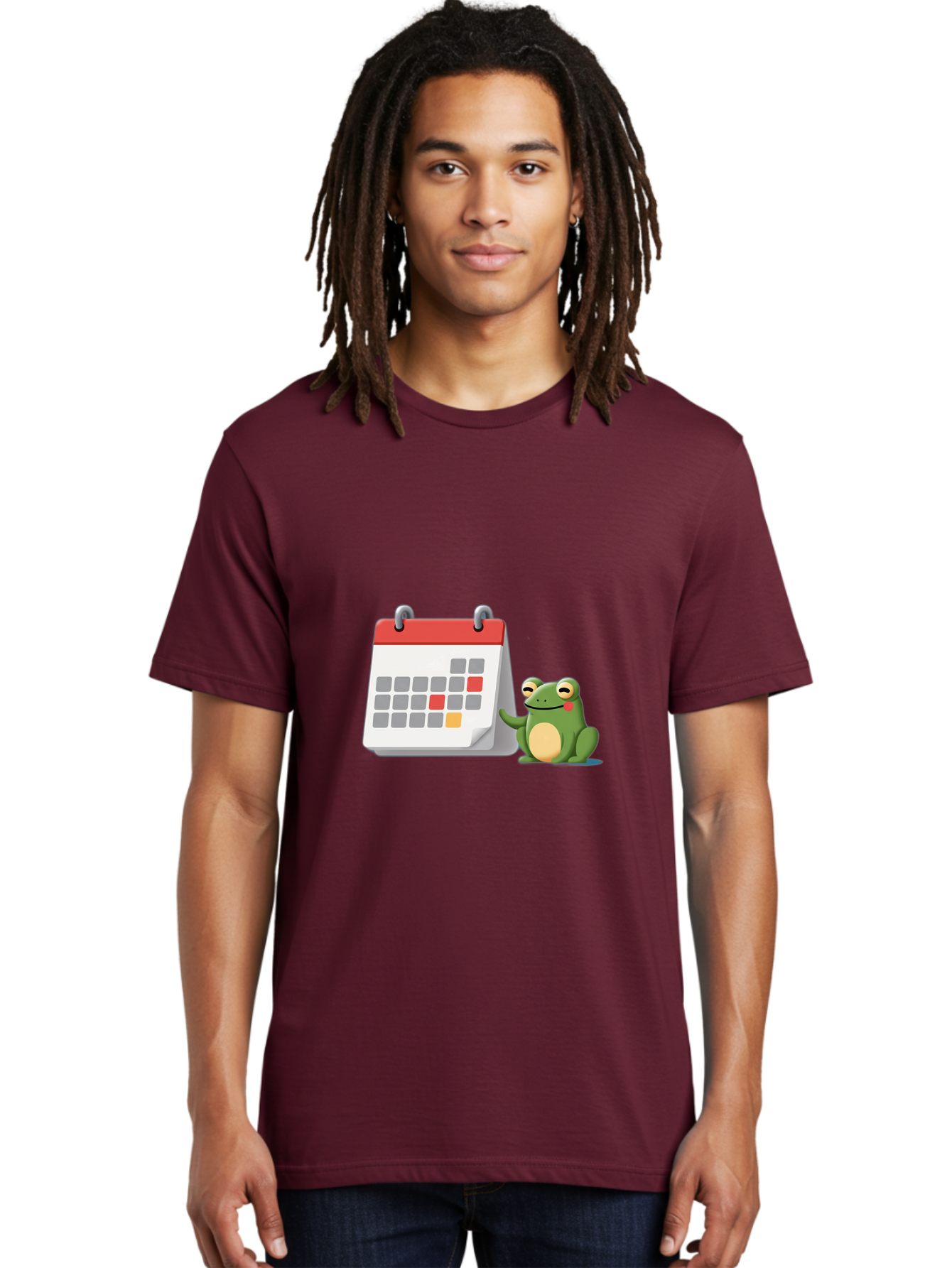 Frog-Calendar-1 Men'S Graphic Tee, 100% Cotton, Comfortable Casual Summer Wear, Machine Washable, Calendar With Frog, Scheduling, Planning, Organization, Time Management, Cartoon Character, Green Frog, Red Top Calendar, Gray Red Orange Dates, Bab918