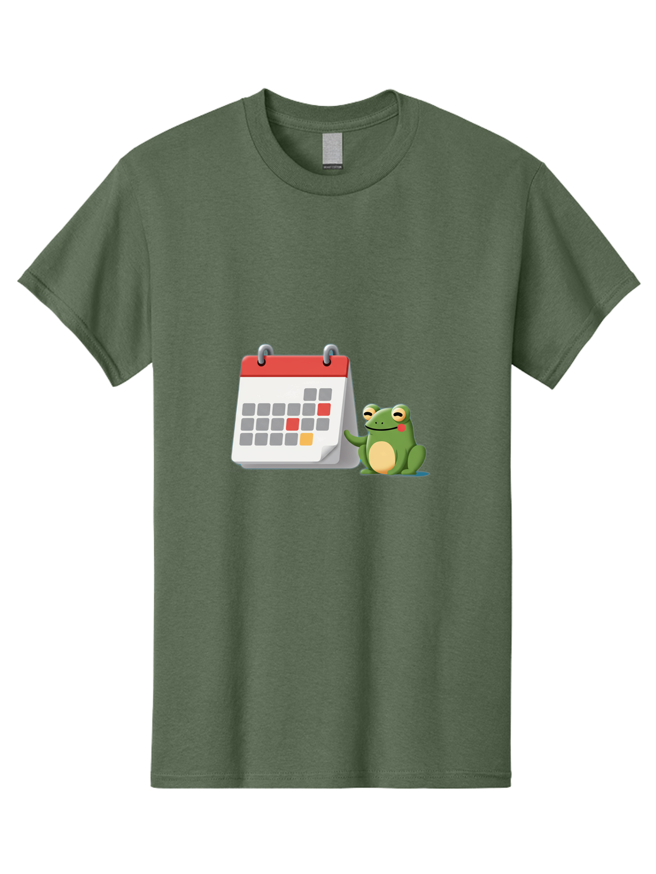 Frog-Calendar-1 Men'S Graphic Tee, 100% Cotton, Comfortable Casual Summer Wear, Machine Washable, Calendar With Frog, Scheduling, Planning, Organization, Time Management, Cartoon Character, Green Frog, Red Top Calendar, Gray Red Orange Dates, Bab918