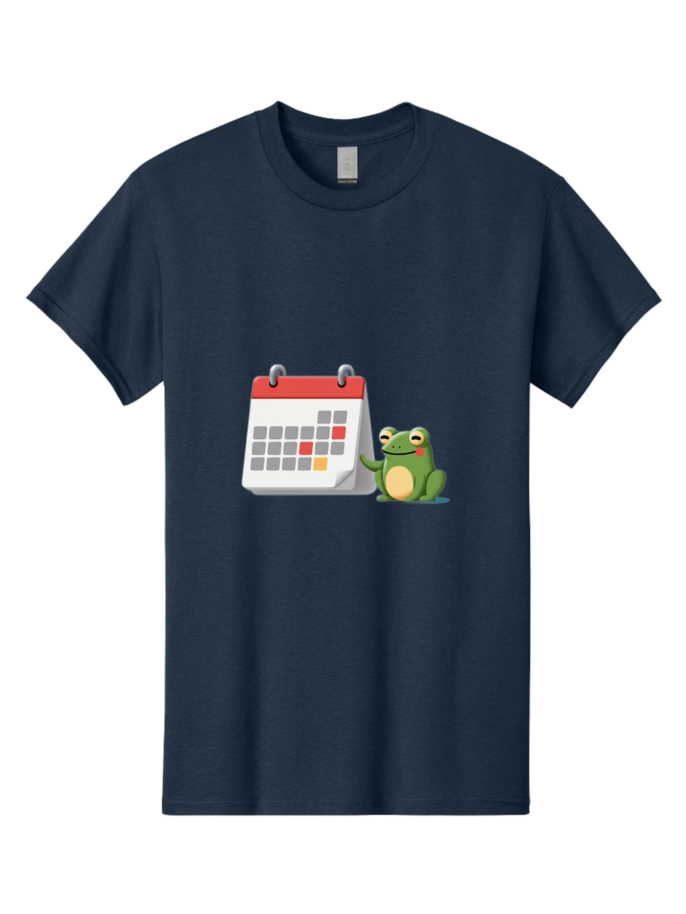 Frog-Calendar-1 Men'S Graphic Tee, 100% Cotton, Comfortable Casual Summer Wear, Machine Washable, Calendar With Frog, Scheduling, Planning, Organization, Time Management, Cartoon Character, Green Frog, Red Top Calendar, Gray Red Orange Dates, Bab918