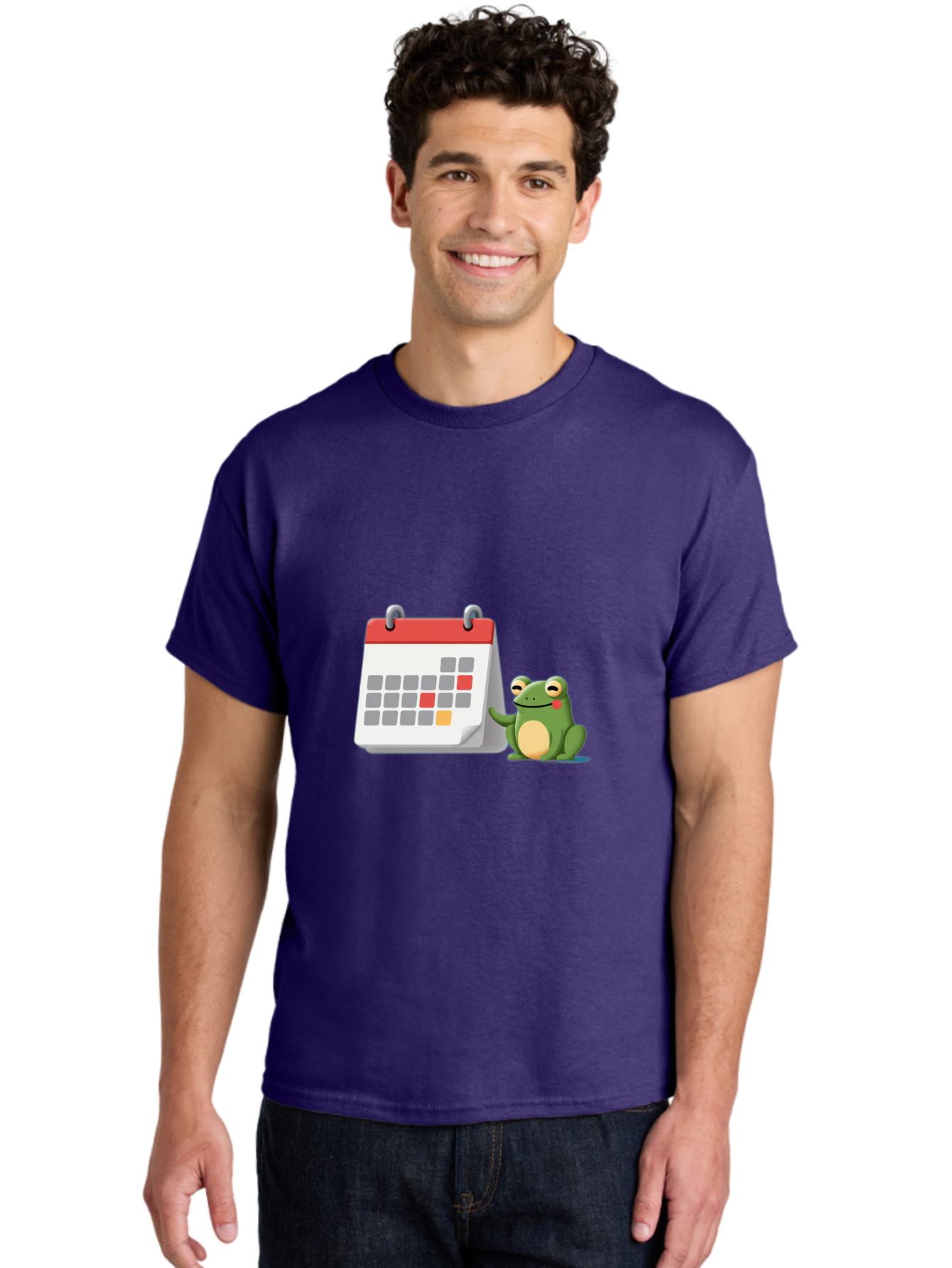 Frog-Calendar-1 Men'S Graphic Tee, 100% Cotton, Comfortable Casual Summer Wear, Machine Washable, Calendar With Frog, Scheduling, Planning, Organization, Time Management, Cartoon Character, Green Frog, Red Top Calendar, Gray Red Orange Dates, Bab918