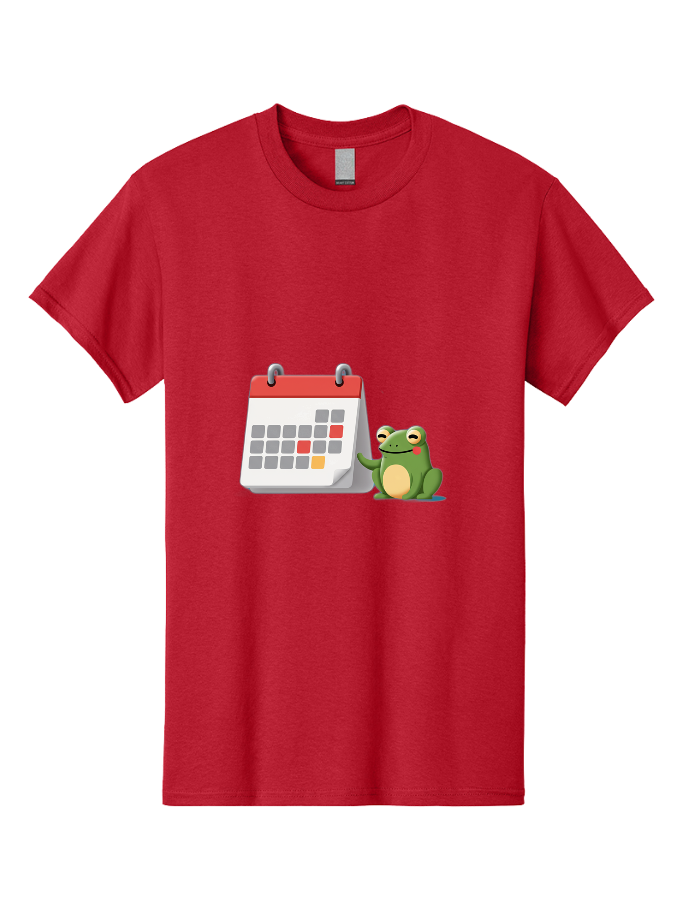 Frog-Calendar-1 Men'S Graphic Tee, 100% Cotton, Comfortable Casual Summer Wear, Machine Washable, Calendar With Frog, Scheduling, Planning, Organization, Time Management, Cartoon Character, Green Frog, Red Top Calendar, Gray Red Orange Dates, Bab918
