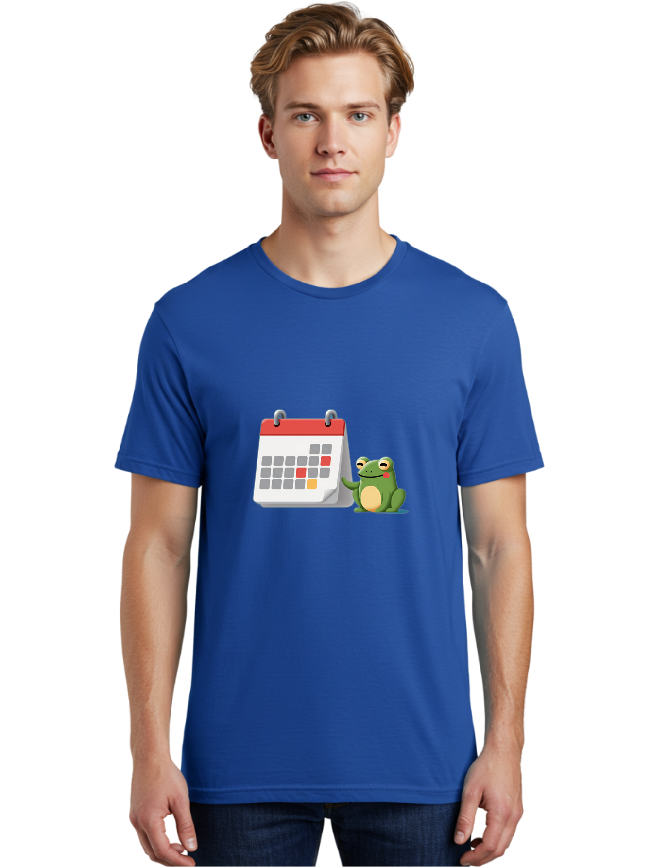 Frog-Calendar-1 Men'S Graphic Tee, 100% Cotton, Comfortable Casual Summer Wear, Machine Washable, Calendar With Frog, Scheduling, Planning, Organization, Time Management, Cartoon Character, Green Frog, Red Top Calendar, Gray Red Orange Dates, Bab918