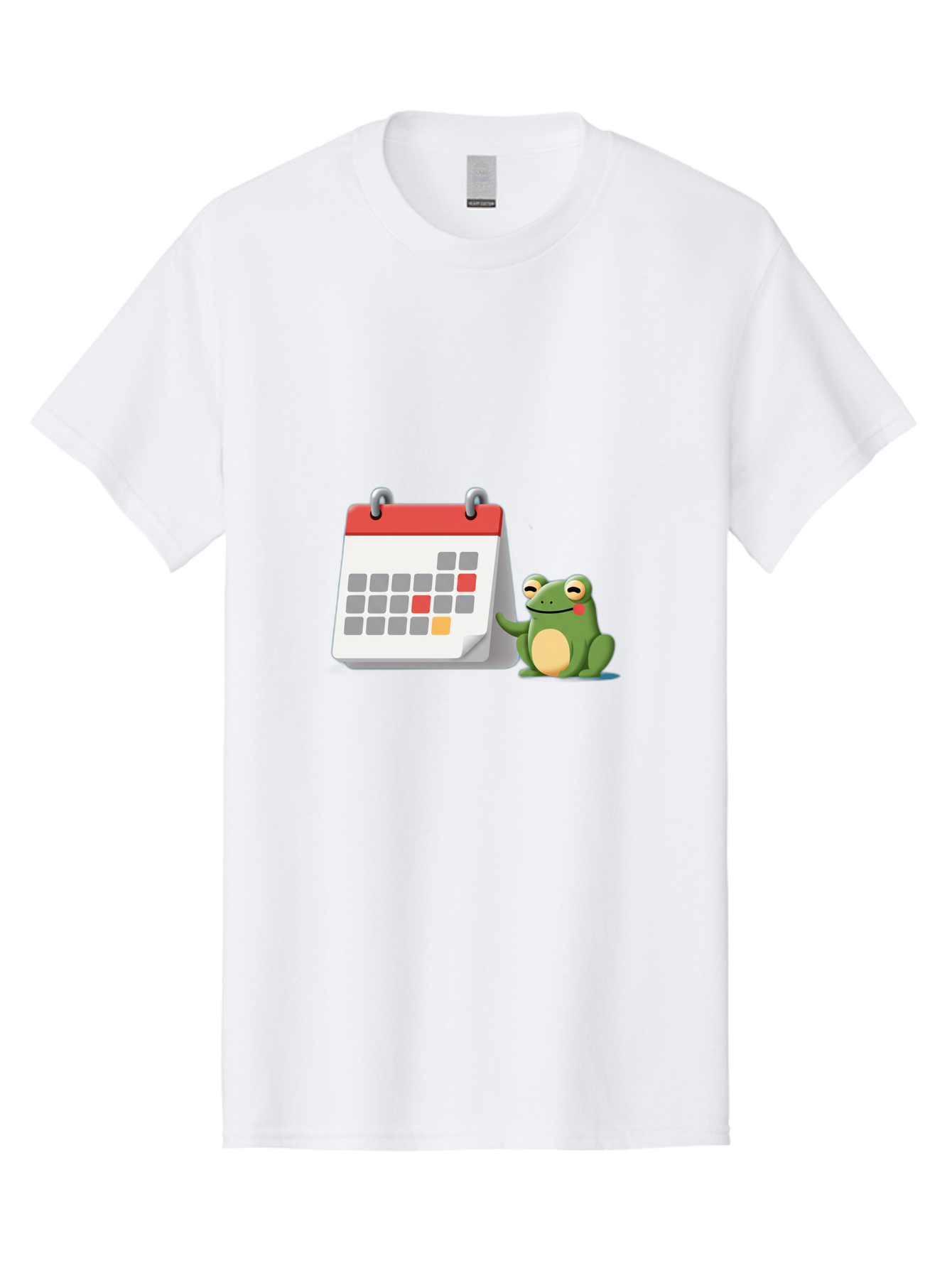 Frog-Calendar-1 Men'S Graphic Tee, 100% Cotton, Comfortable Casual Summer Wear, Machine Washable, Calendar With Frog, Scheduling, Planning, Organization, Time Management, Cartoon Character, Green Frog, Red Top Calendar, Gray Red Orange Dates, Bab918