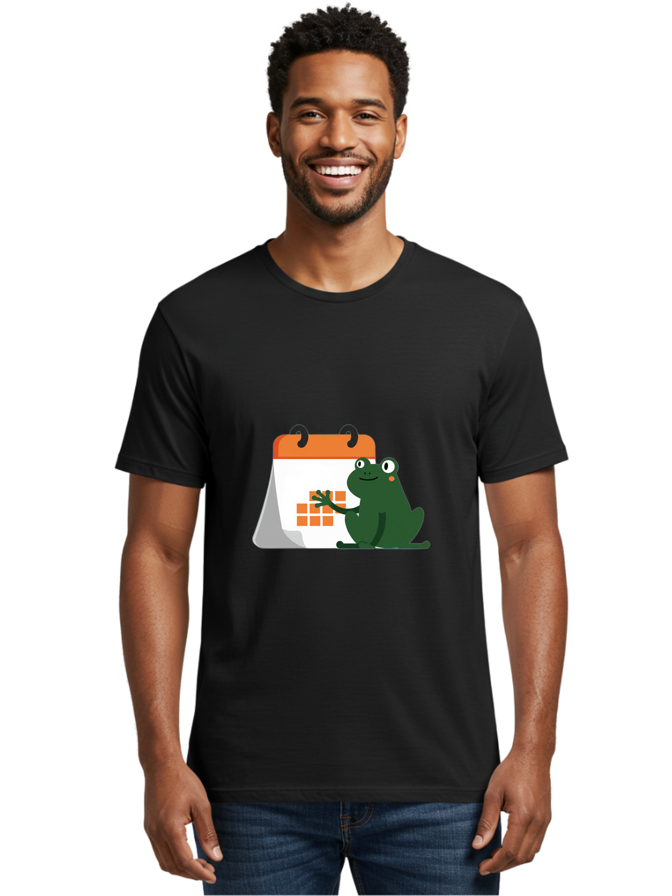 Frog-Calendar Men'S Graphic Tee, 100% Cotton, Comfortable Casual Summer Wear, Machine Washable, Green Cartoon Frog, Calendar Icon, Orange Grid, Scheduling, Planning, Organization, Task Management, Digital Calendar, To-Do List, Bab919
