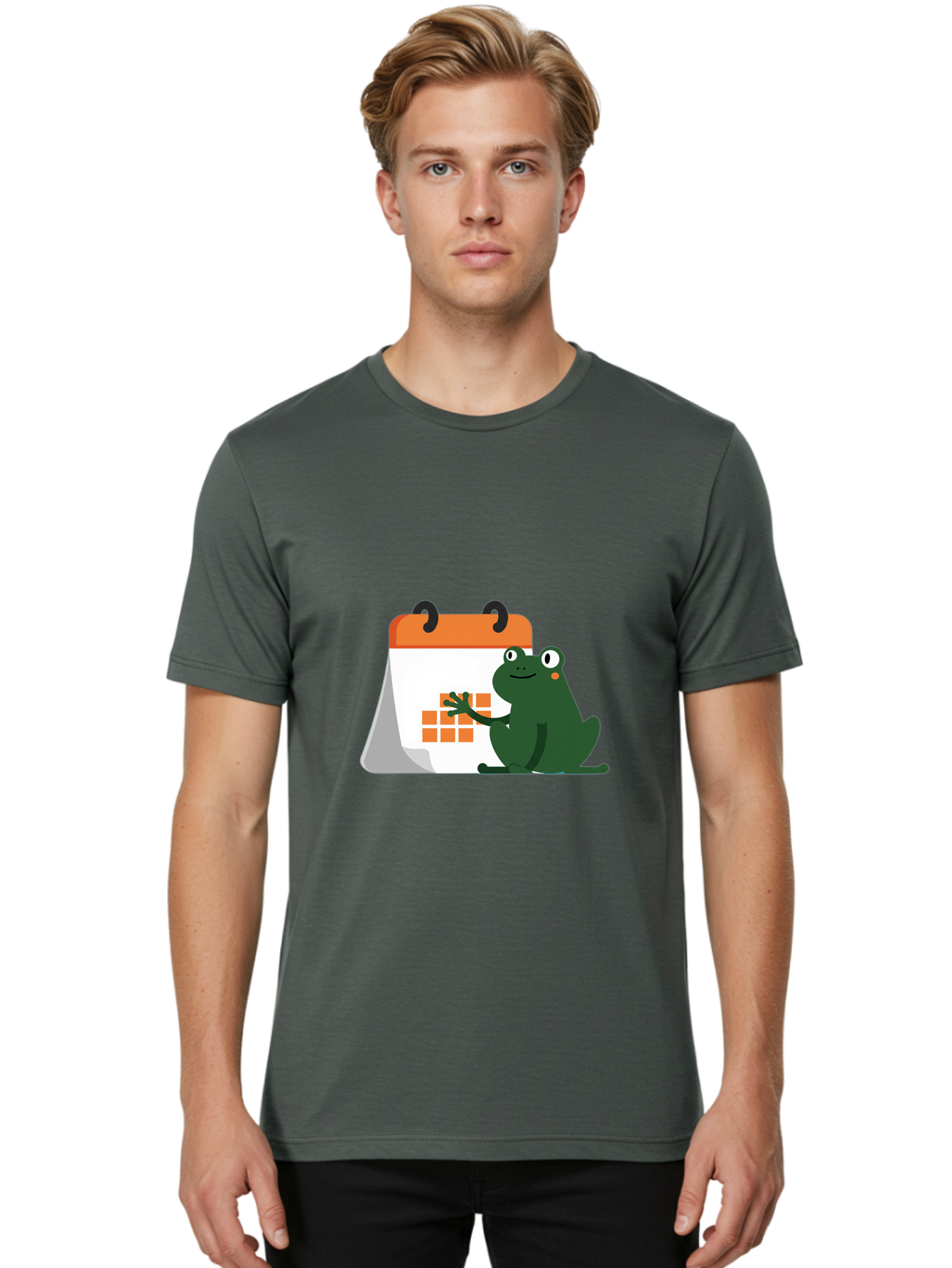 Frog-Calendar Men'S Graphic Tee, 100% Cotton, Comfortable Casual Summer Wear, Machine Washable, Green Cartoon Frog, Calendar Icon, Orange Grid, Scheduling, Planning, Organization, Task Management, Digital Calendar, To-Do List, Bab919