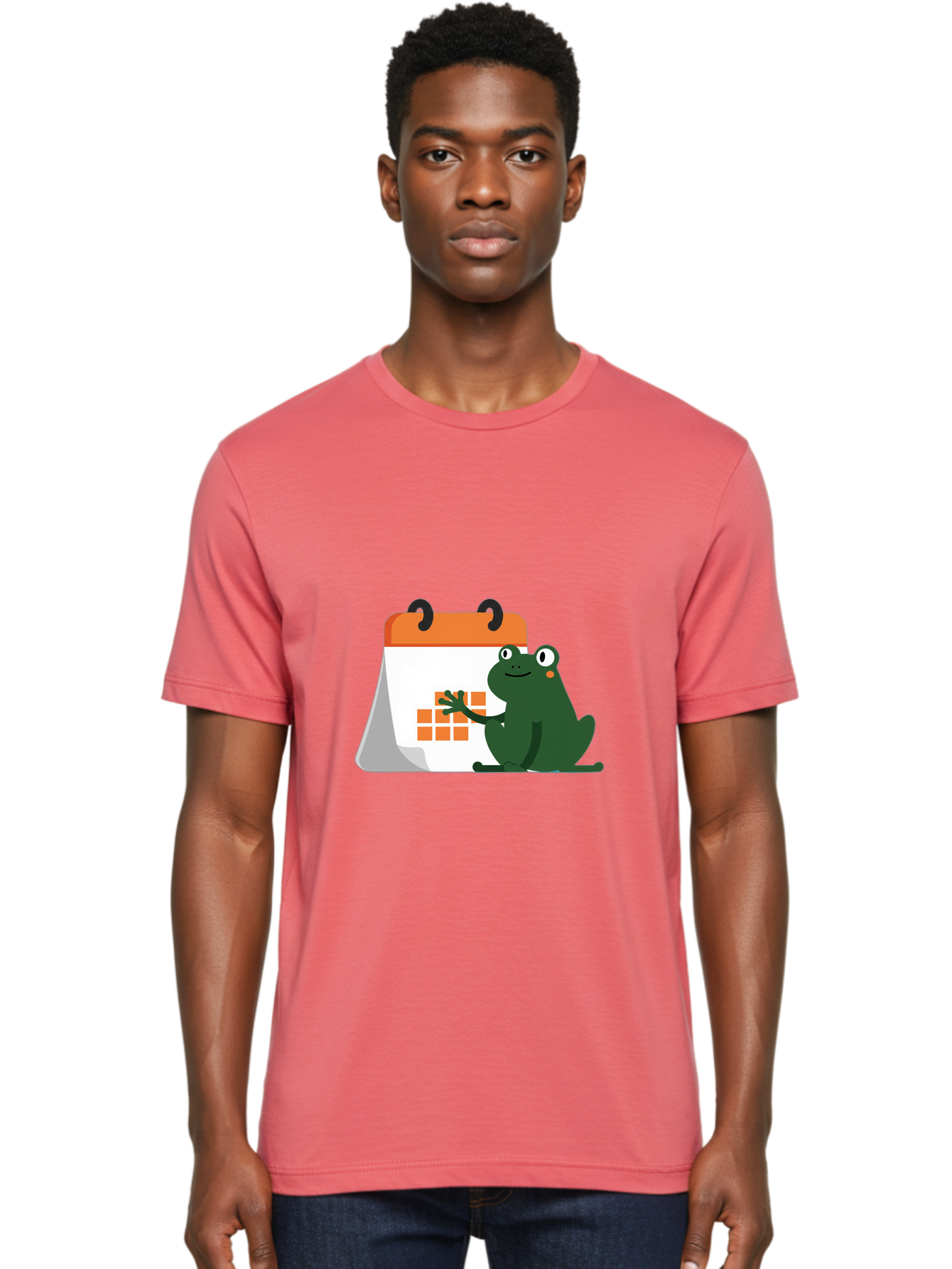 Frog-Calendar Men'S Graphic Tee, 100% Cotton, Comfortable Casual Summer Wear, Machine Washable, Green Cartoon Frog, Calendar Icon, Orange Grid, Scheduling, Planning, Organization, Task Management, Digital Calendar, To-Do List, Bab919