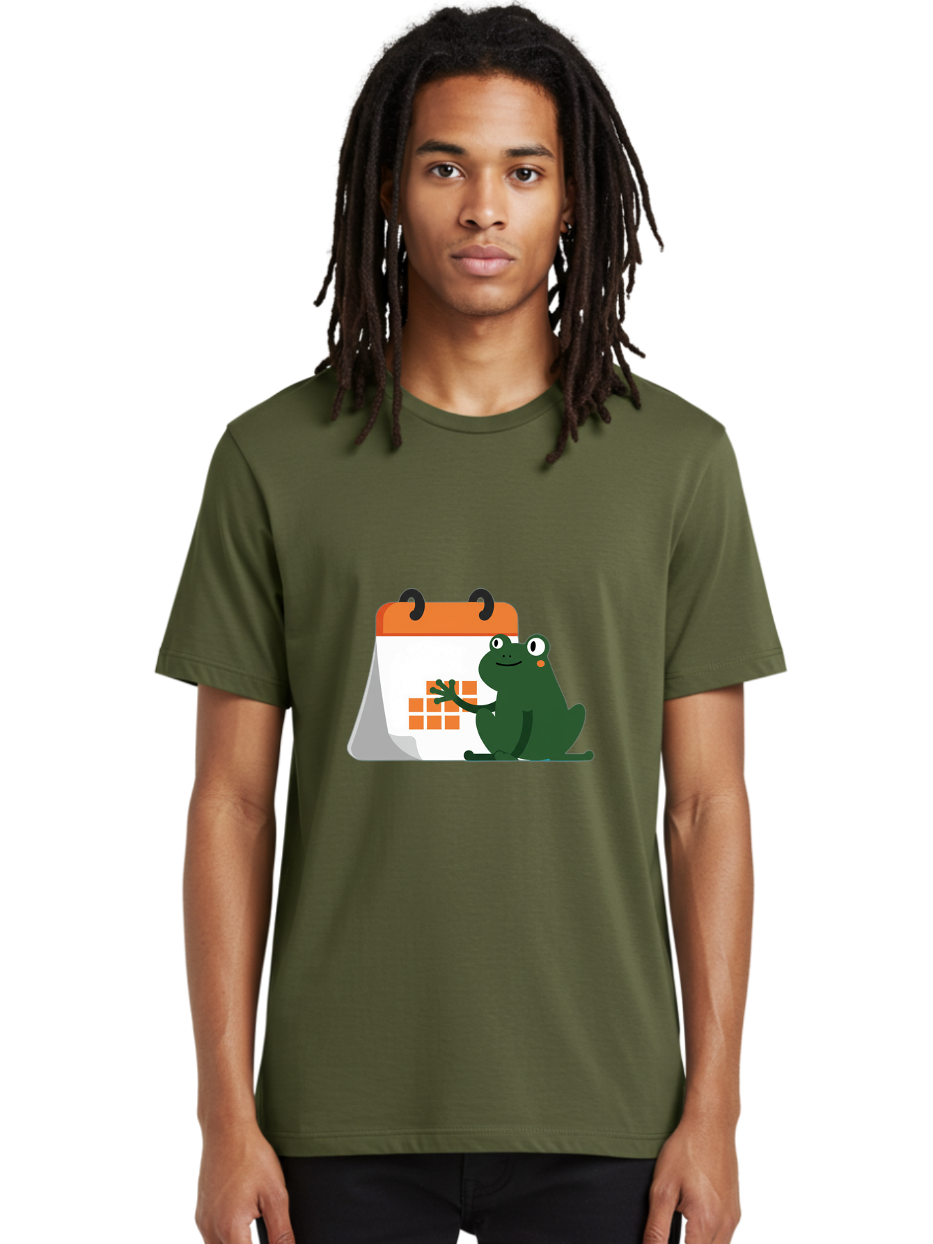 Frog-Calendar Men'S Graphic Tee, 100% Cotton, Comfortable Casual Summer Wear, Machine Washable, Green Cartoon Frog, Calendar Icon, Orange Grid, Scheduling, Planning, Organization, Task Management, Digital Calendar, To-Do List, Bab919
