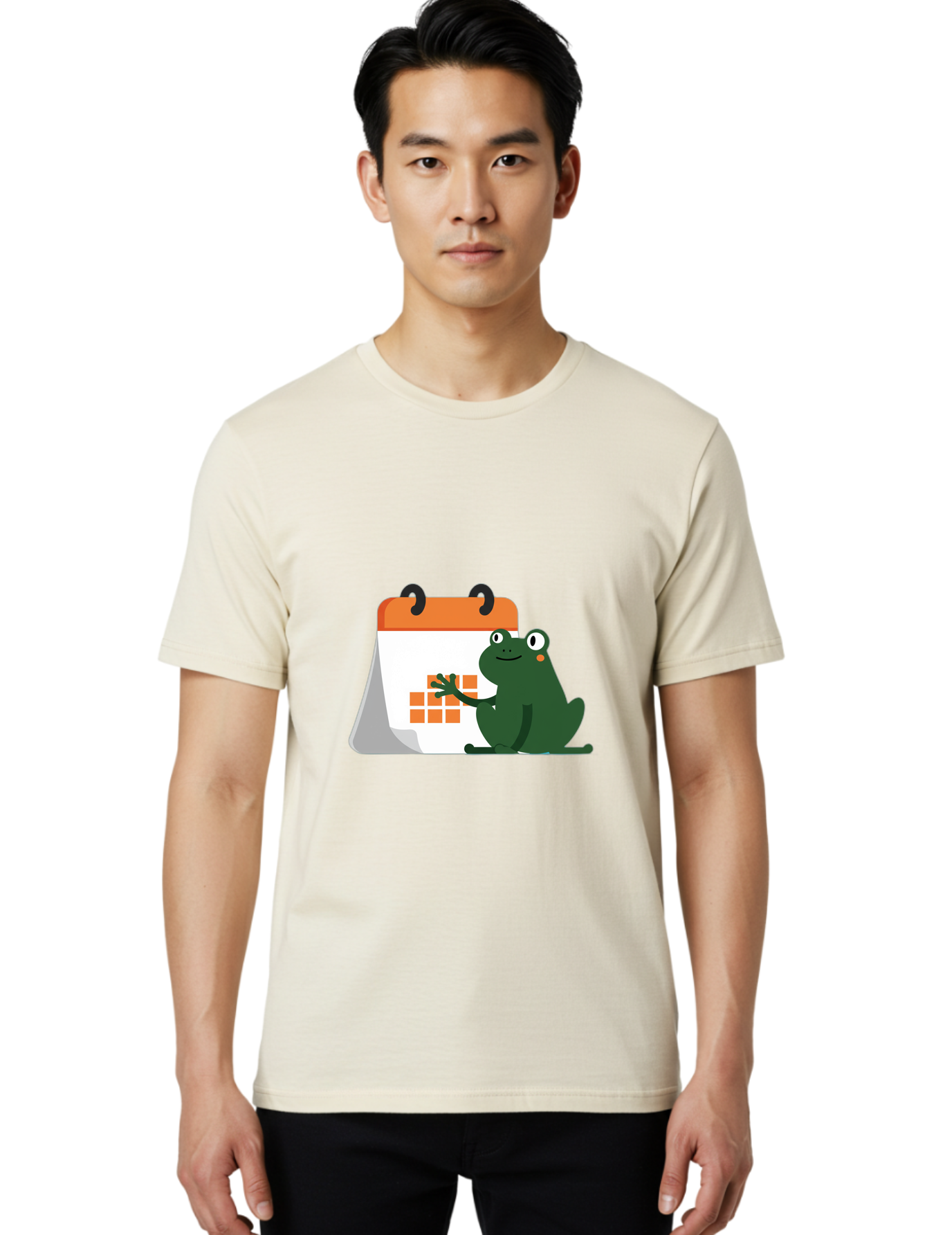 Frog-Calendar Men'S Graphic Tee, 100% Cotton, Comfortable Casual Summer Wear, Machine Washable, Green Cartoon Frog, Calendar Icon, Orange Grid, Scheduling, Planning, Organization, Task Management, Digital Calendar, To-Do List, Bab919