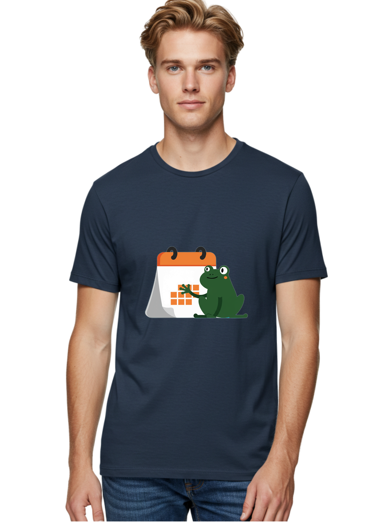 Frog-Calendar Men'S Graphic Tee, 100% Cotton, Comfortable Casual Summer Wear, Machine Washable, Green Cartoon Frog, Calendar Icon, Orange Grid, Scheduling, Planning, Organization, Task Management, Digital Calendar, To-Do List, Bab919