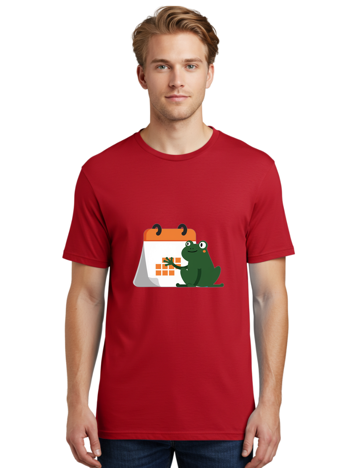 Frog-Calendar Men'S Graphic Tee, 100% Cotton, Comfortable Casual Summer Wear, Machine Washable, Green Cartoon Frog, Calendar Icon, Orange Grid, Scheduling, Planning, Organization, Task Management, Digital Calendar, To-Do List, Bab919