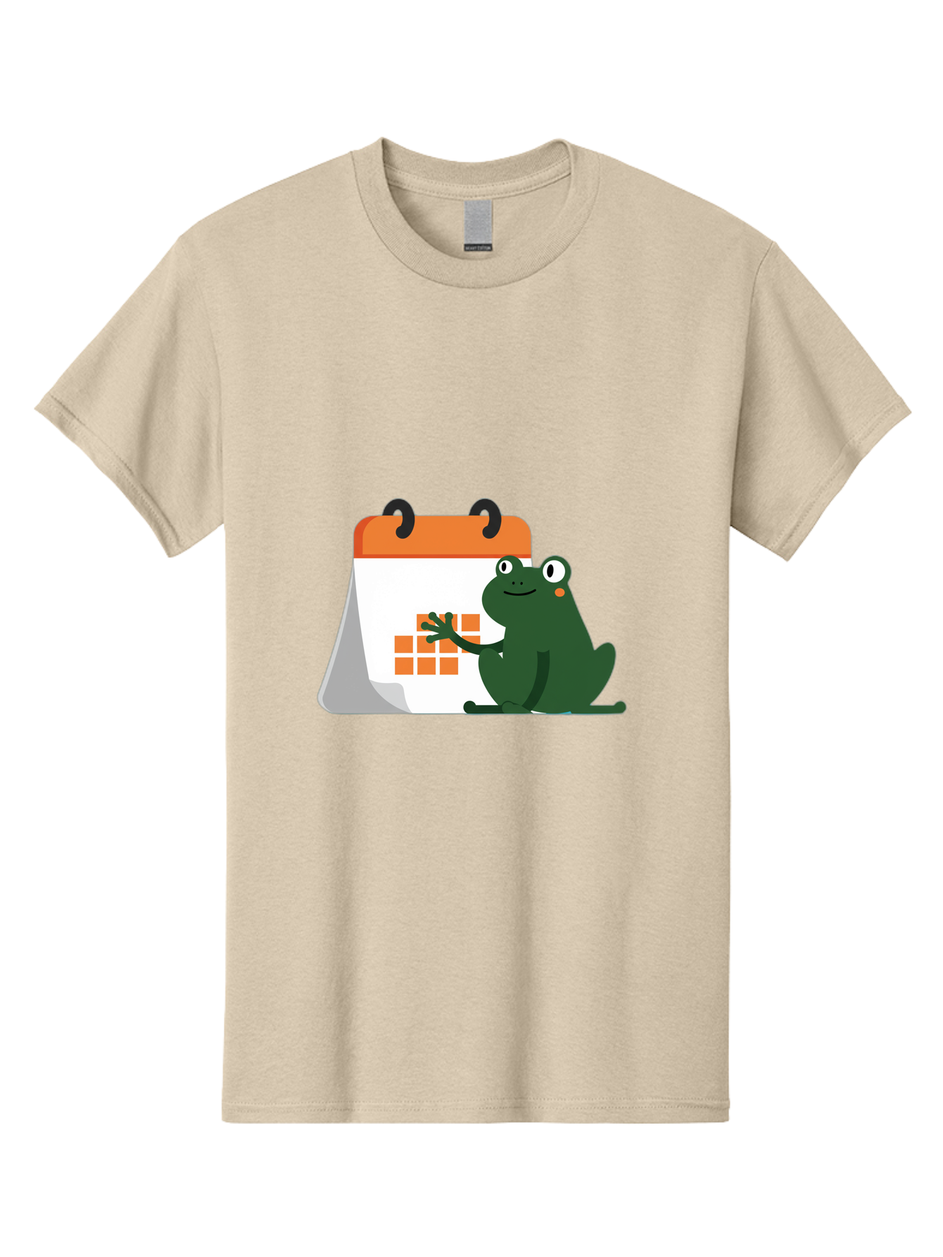 Frog-Calendar Men'S Graphic Tee, 100% Cotton, Comfortable Casual Summer Wear, Machine Washable, Green Cartoon Frog, Calendar Icon, Orange Grid, Scheduling, Planning, Organization, Task Management, Digital Calendar, To-Do List, Bab919