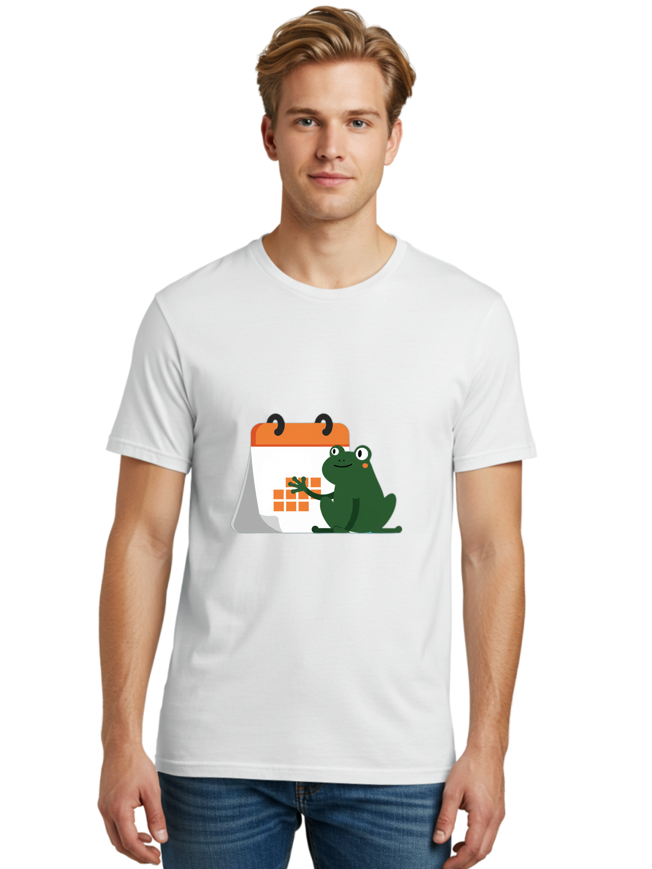 Frog-Calendar Men'S Graphic Tee, 100% Cotton, Comfortable Casual Summer Wear, Machine Washable, Green Cartoon Frog, Calendar Icon, Orange Grid, Scheduling, Planning, Organization, Task Management, Digital Calendar, To-Do List, Bab919
