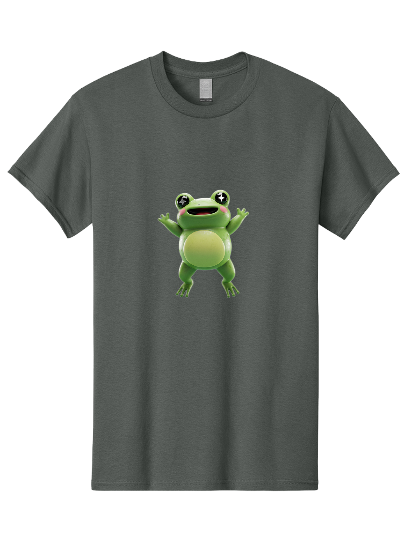 Frog-Character Men'S Graphic Tee, 100% Cotton, Comfortable Casual Summer Wear, Machine Washable, Cartoon Frog, Green Frog, Happy Expression, Shiny Eyes, Raised Hands, Playful Gesture, Animated Character, Fun Design, Cute Illustration, Bab920