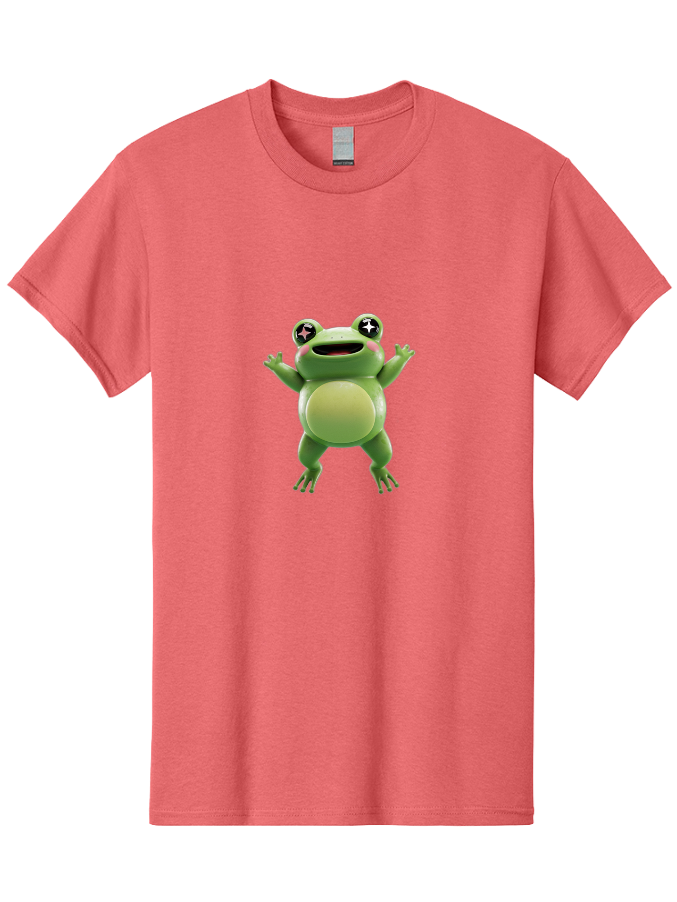 Frog-Character Men'S Graphic Tee, 100% Cotton, Comfortable Casual Summer Wear, Machine Washable, Cartoon Frog, Green Frog, Happy Expression, Shiny Eyes, Raised Hands, Playful Gesture, Animated Character, Fun Design, Cute Illustration, Bab920