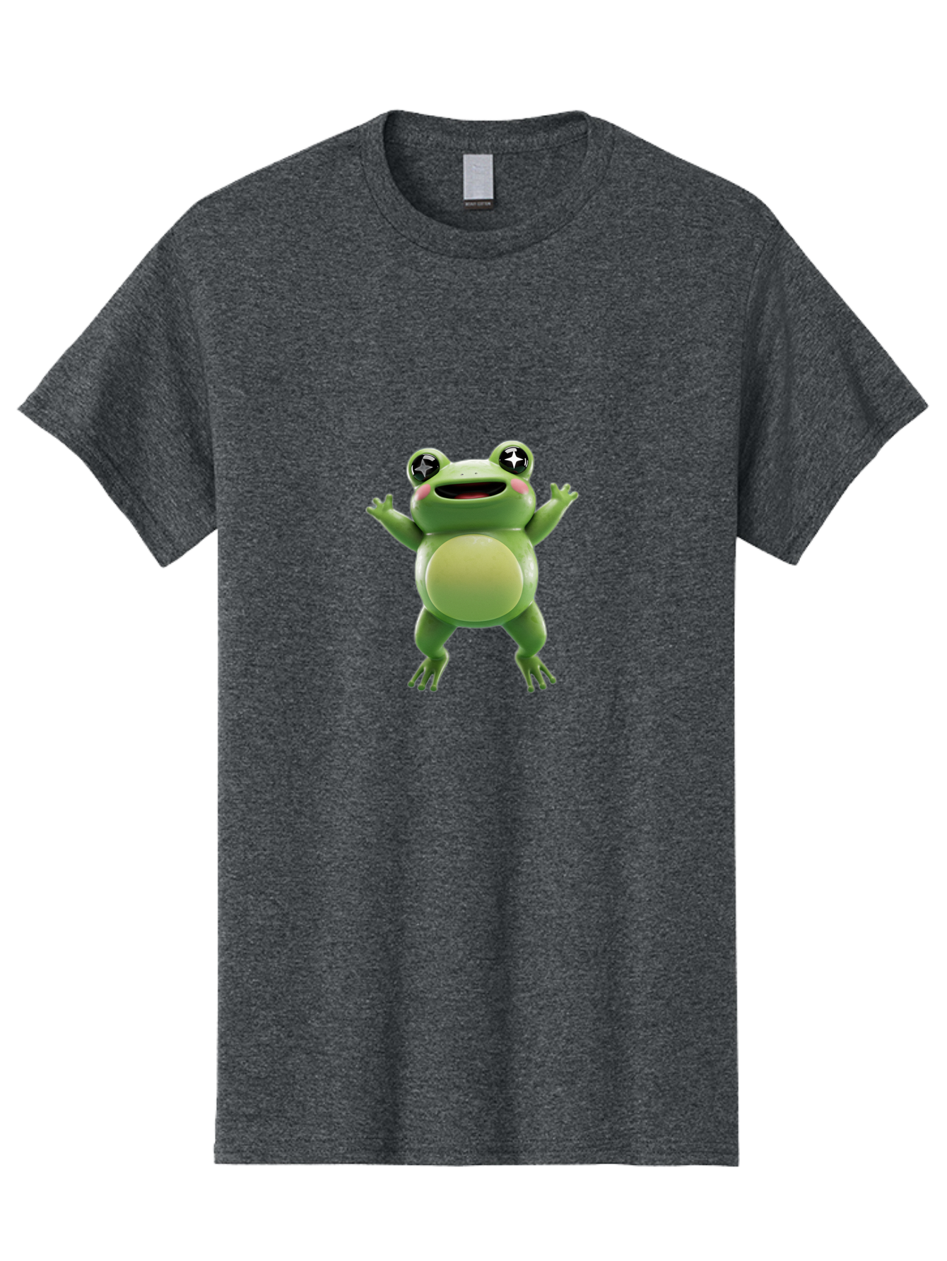 Frog-Character Men'S Graphic Tee, 100% Cotton, Comfortable Casual Summer Wear, Machine Washable, Cartoon Frog, Green Frog, Happy Expression, Shiny Eyes, Raised Hands, Playful Gesture, Animated Character, Fun Design, Cute Illustration, Bab920