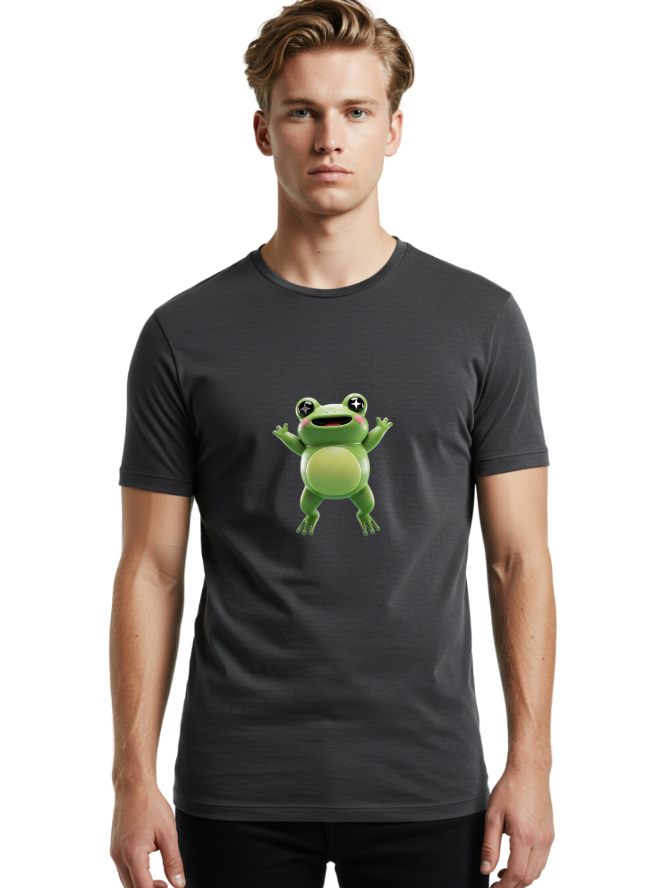 Frog-Character Men'S Graphic Tee, 100% Cotton, Comfortable Casual Summer Wear, Machine Washable, Cartoon Frog, Green Frog, Happy Expression, Shiny Eyes, Raised Hands, Playful Gesture, Animated Character, Fun Design, Cute Illustration, Bab920