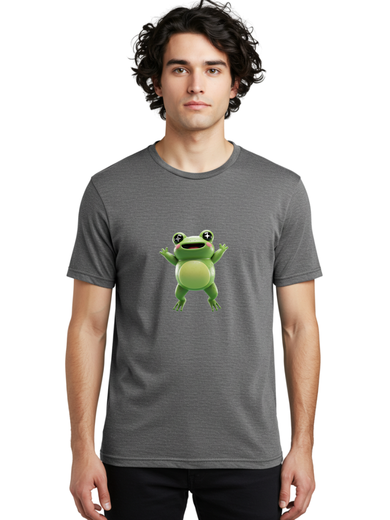 Frog-Character Men'S Graphic Tee, 100% Cotton, Comfortable Casual Summer Wear, Machine Washable, Cartoon Frog, Green Frog, Happy Expression, Shiny Eyes, Raised Hands, Playful Gesture, Animated Character, Fun Design, Cute Illustration, Bab920