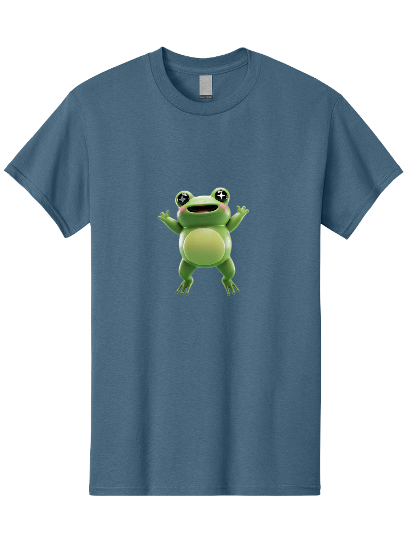 Frog-Character Men'S Graphic Tee, 100% Cotton, Comfortable Casual Summer Wear, Machine Washable, Cartoon Frog, Green Frog, Happy Expression, Shiny Eyes, Raised Hands, Playful Gesture, Animated Character, Fun Design, Cute Illustration, Bab920