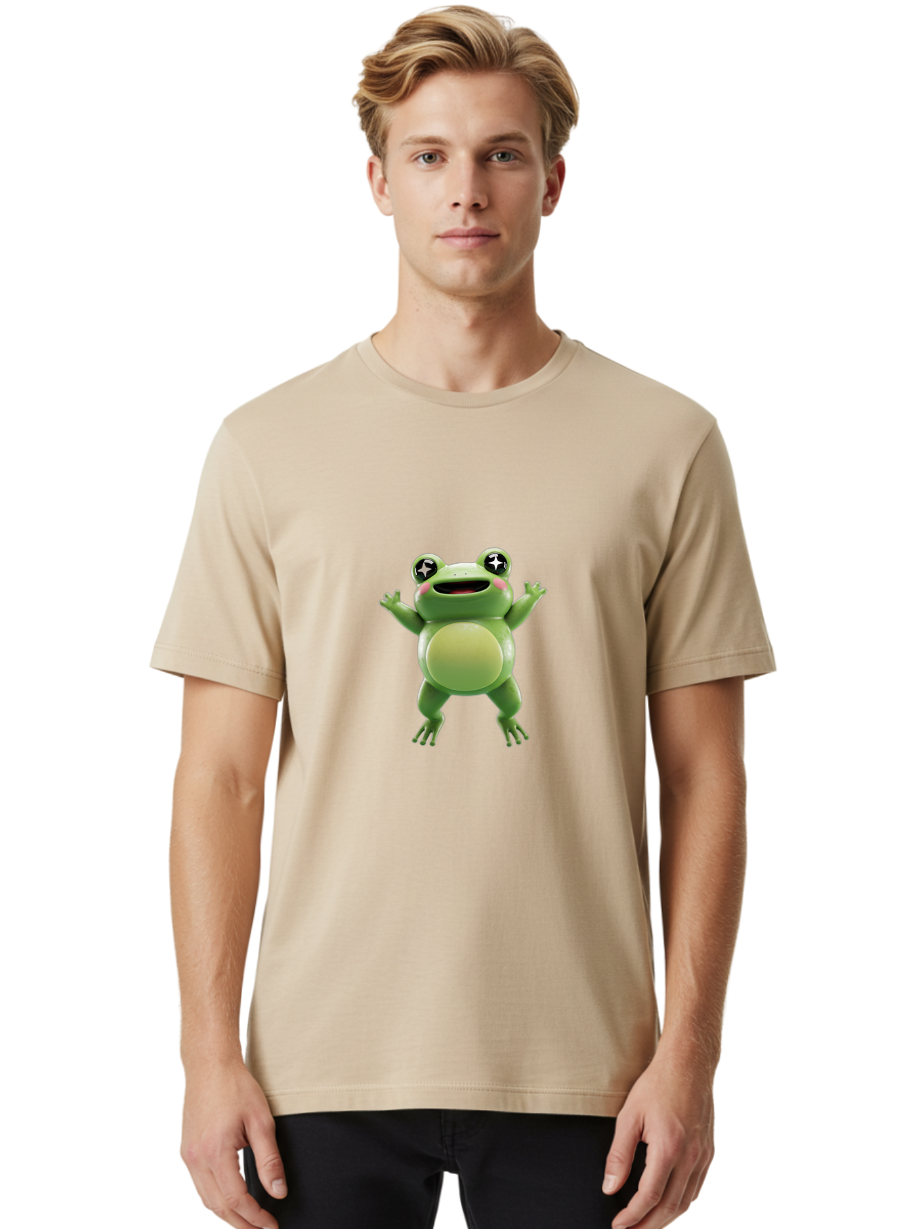 Frog-Character Men'S Graphic Tee, 100% Cotton, Comfortable Casual Summer Wear, Machine Washable, Cartoon Frog, Green Frog, Happy Expression, Shiny Eyes, Raised Hands, Playful Gesture, Animated Character, Fun Design, Cute Illustration, Bab920