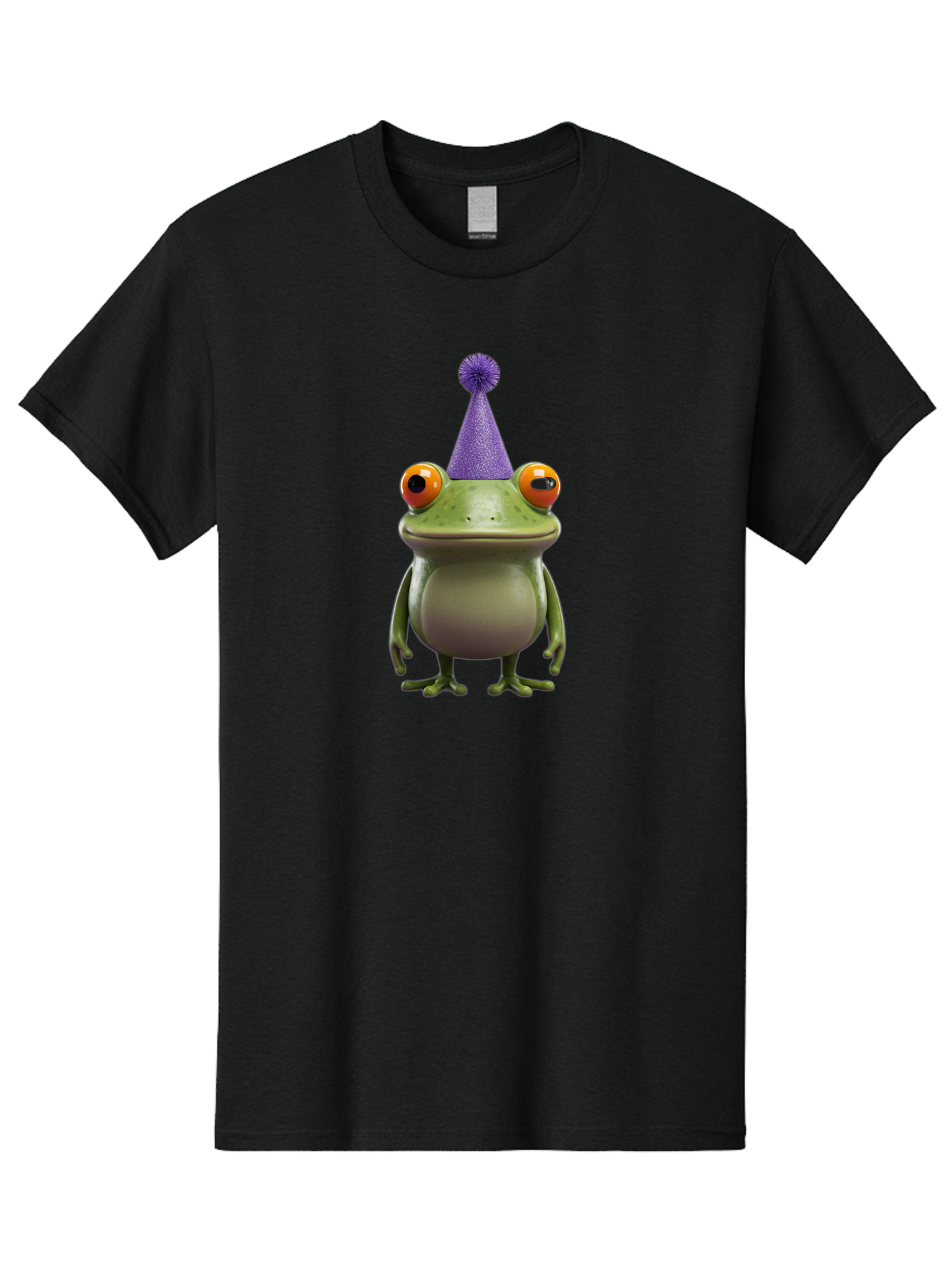 Frog-In-Party-Hat-1 Men'S Graphic Tee, 100% Cotton, Comfortable Casual Summer Wear, Machine Washable, Funny Cartoon Frog, Party Hat, Celebration, Purple Hat, Orange Eyes, Playful Character, Cute Amphibian, Festive Mood, Humorous Illustration Bab921