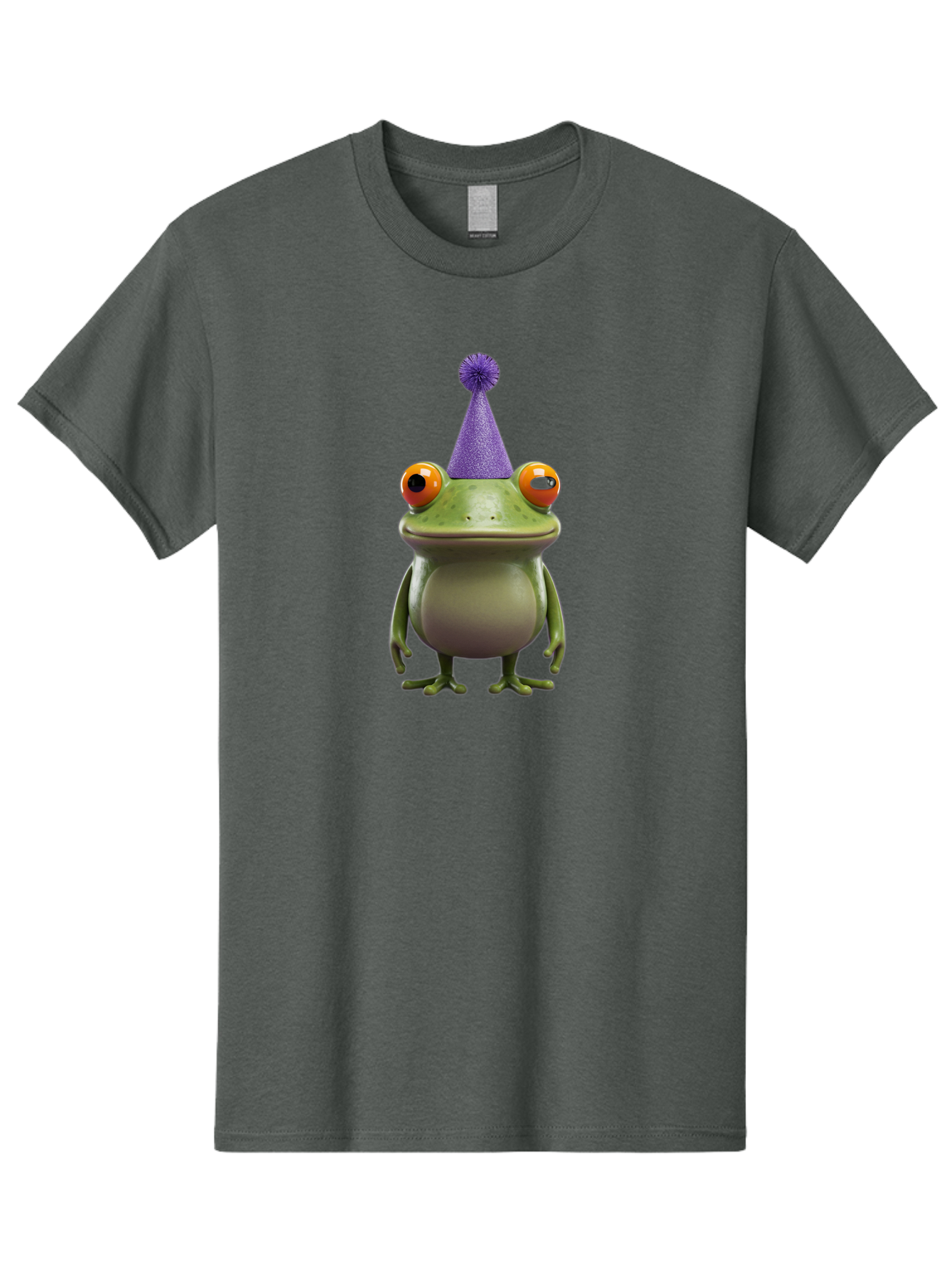 Frog-In-Party-Hat-1 Men'S Graphic Tee, 100% Cotton, Comfortable Casual Summer Wear, Machine Washable, Funny Cartoon Frog, Party Hat, Celebration, Purple Hat, Orange Eyes, Playful Character, Cute Amphibian, Festive Mood, Humorous Illustration Bab921