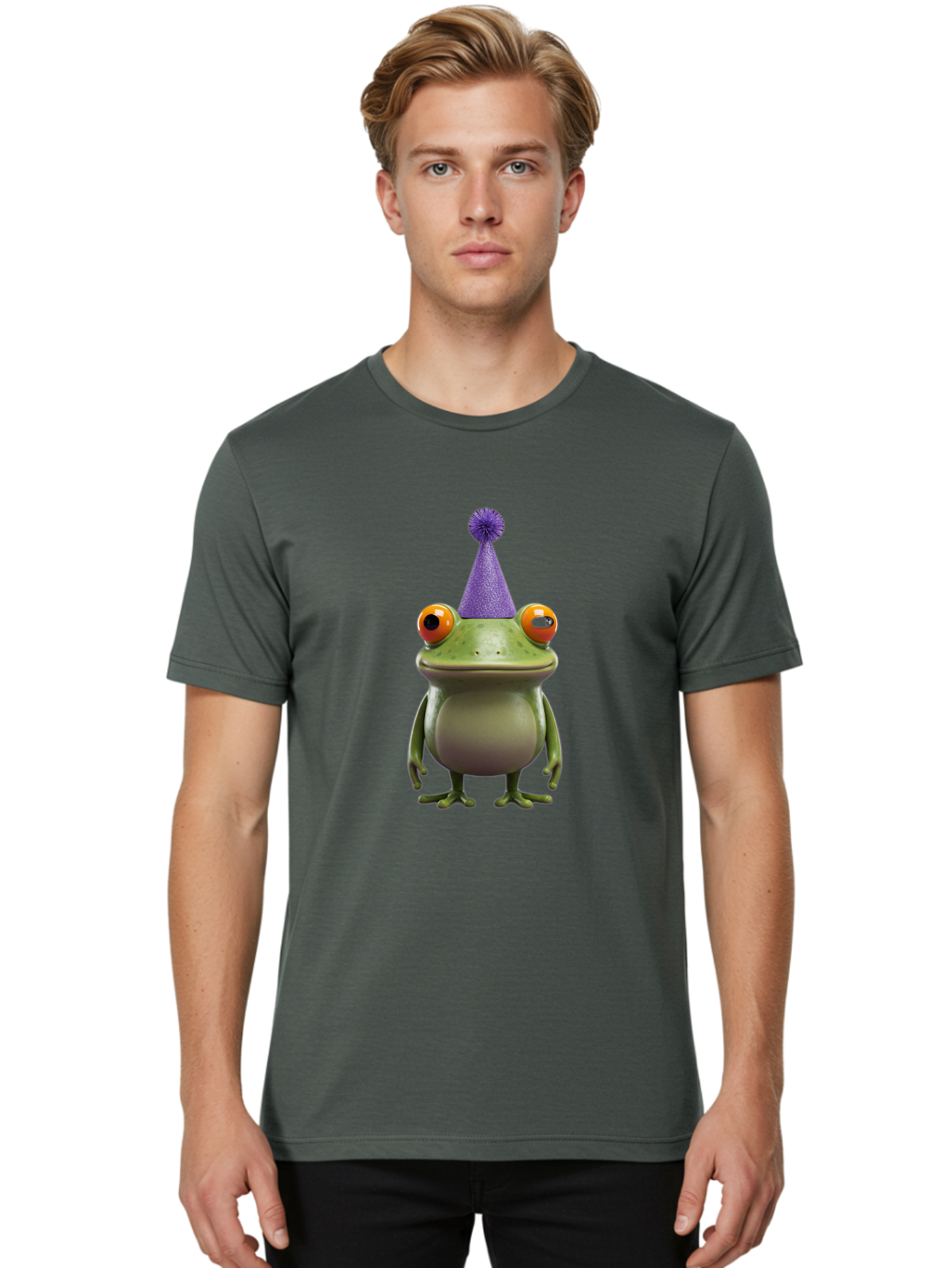 Frog-In-Party-Hat-1 Men'S Graphic Tee, 100% Cotton, Comfortable Casual Summer Wear, Machine Washable, Funny Cartoon Frog, Party Hat, Celebration, Purple Hat, Orange Eyes, Playful Character, Cute Amphibian, Festive Mood, Humorous Illustration Bab921