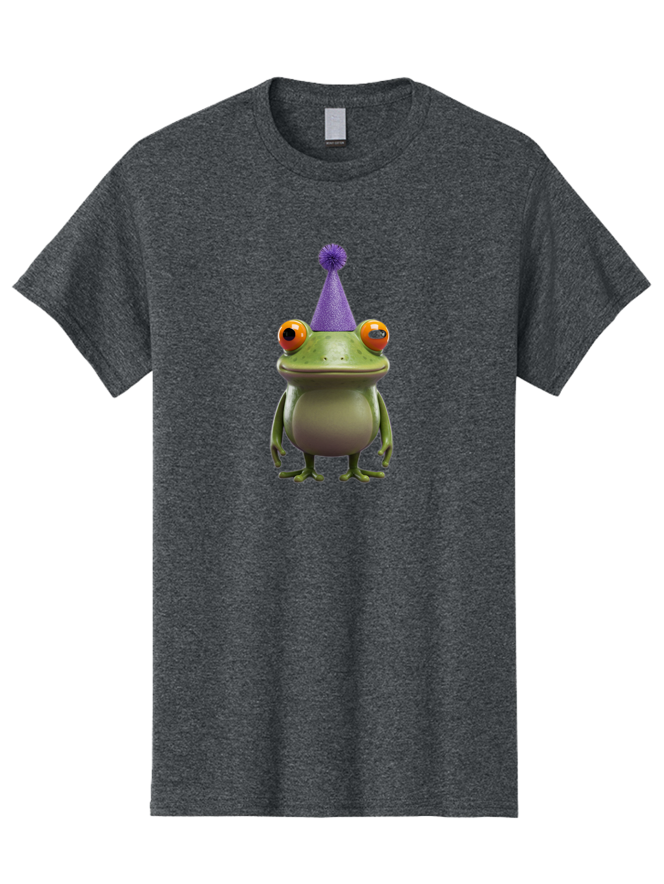 Frog-In-Party-Hat-1 Men'S Graphic Tee, 100% Cotton, Comfortable Casual Summer Wear, Machine Washable, Funny Cartoon Frog, Party Hat, Celebration, Purple Hat, Orange Eyes, Playful Character, Cute Amphibian, Festive Mood, Humorous Illustration Bab921