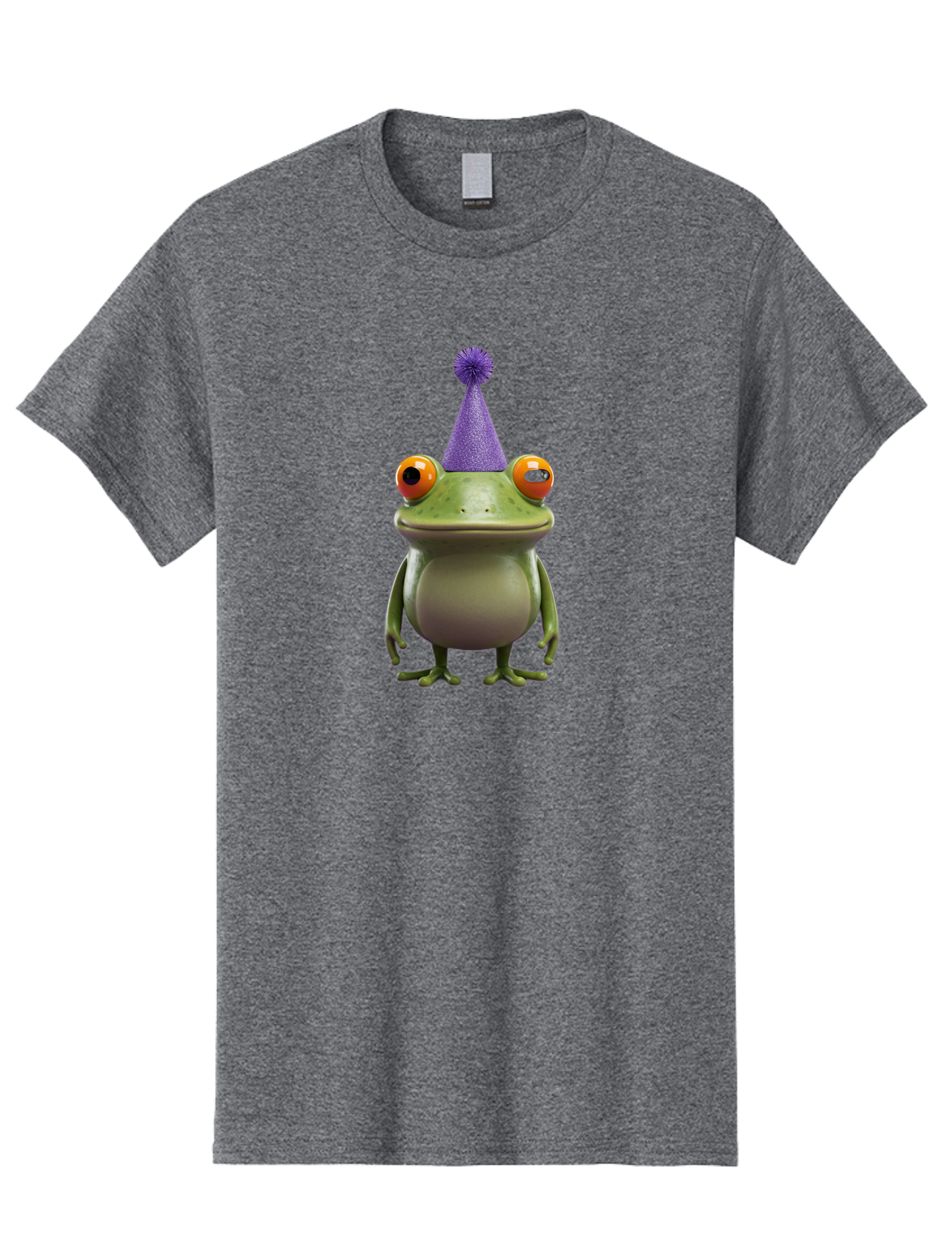 Frog-In-Party-Hat-1 Men'S Graphic Tee, 100% Cotton, Comfortable Casual Summer Wear, Machine Washable, Funny Cartoon Frog, Party Hat, Celebration, Purple Hat, Orange Eyes, Playful Character, Cute Amphibian, Festive Mood, Humorous Illustration Bab921