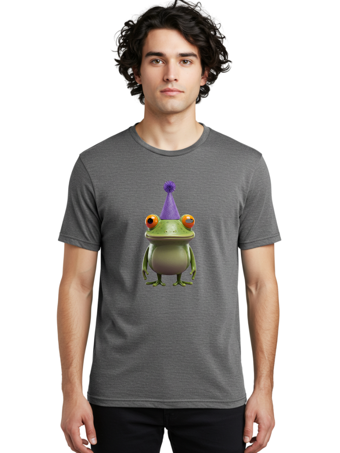 Frog-In-Party-Hat-1 Men'S Graphic Tee, 100% Cotton, Comfortable Casual Summer Wear, Machine Washable, Funny Cartoon Frog, Party Hat, Celebration, Purple Hat, Orange Eyes, Playful Character, Cute Amphibian, Festive Mood, Humorous Illustration Bab921