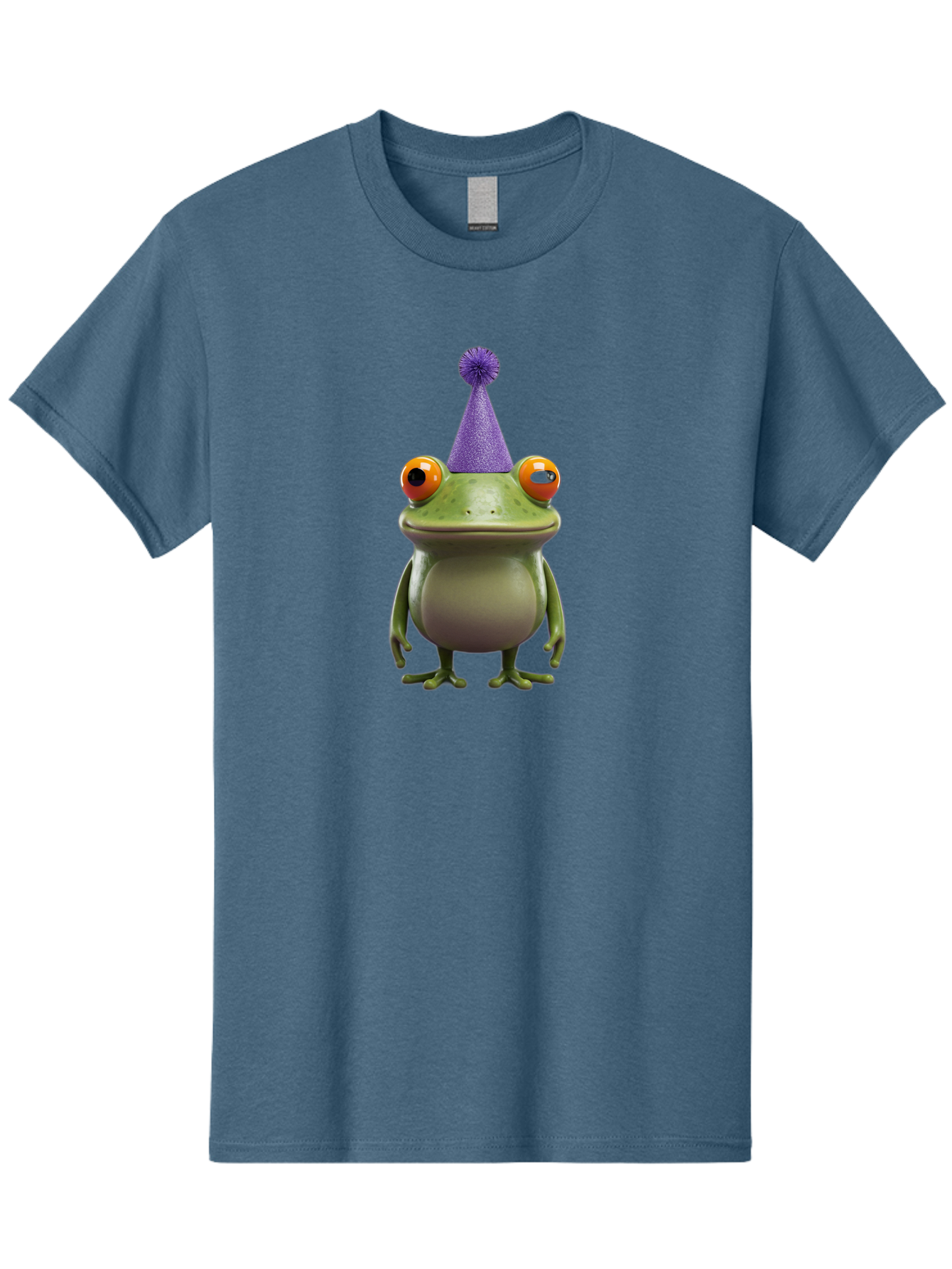 Frog-In-Party-Hat-1 Men'S Graphic Tee, 100% Cotton, Comfortable Casual Summer Wear, Machine Washable, Funny Cartoon Frog, Party Hat, Celebration, Purple Hat, Orange Eyes, Playful Character, Cute Amphibian, Festive Mood, Humorous Illustration Bab921