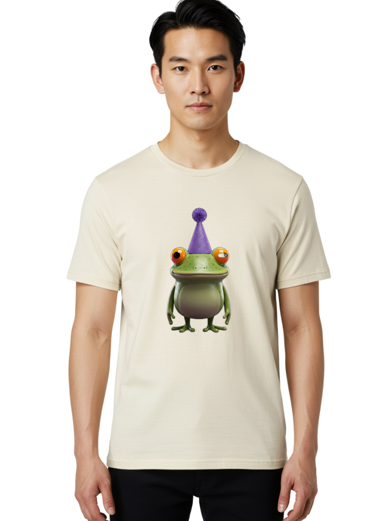 Frog-In-Party-Hat-1 Men'S Graphic Tee, 100% Cotton, Comfortable Casual Summer Wear, Machine Washable, Funny Cartoon Frog, Party Hat, Celebration, Purple Hat, Orange Eyes, Playful Character, Cute Amphibian, Festive Mood, Humorous Illustration Bab921