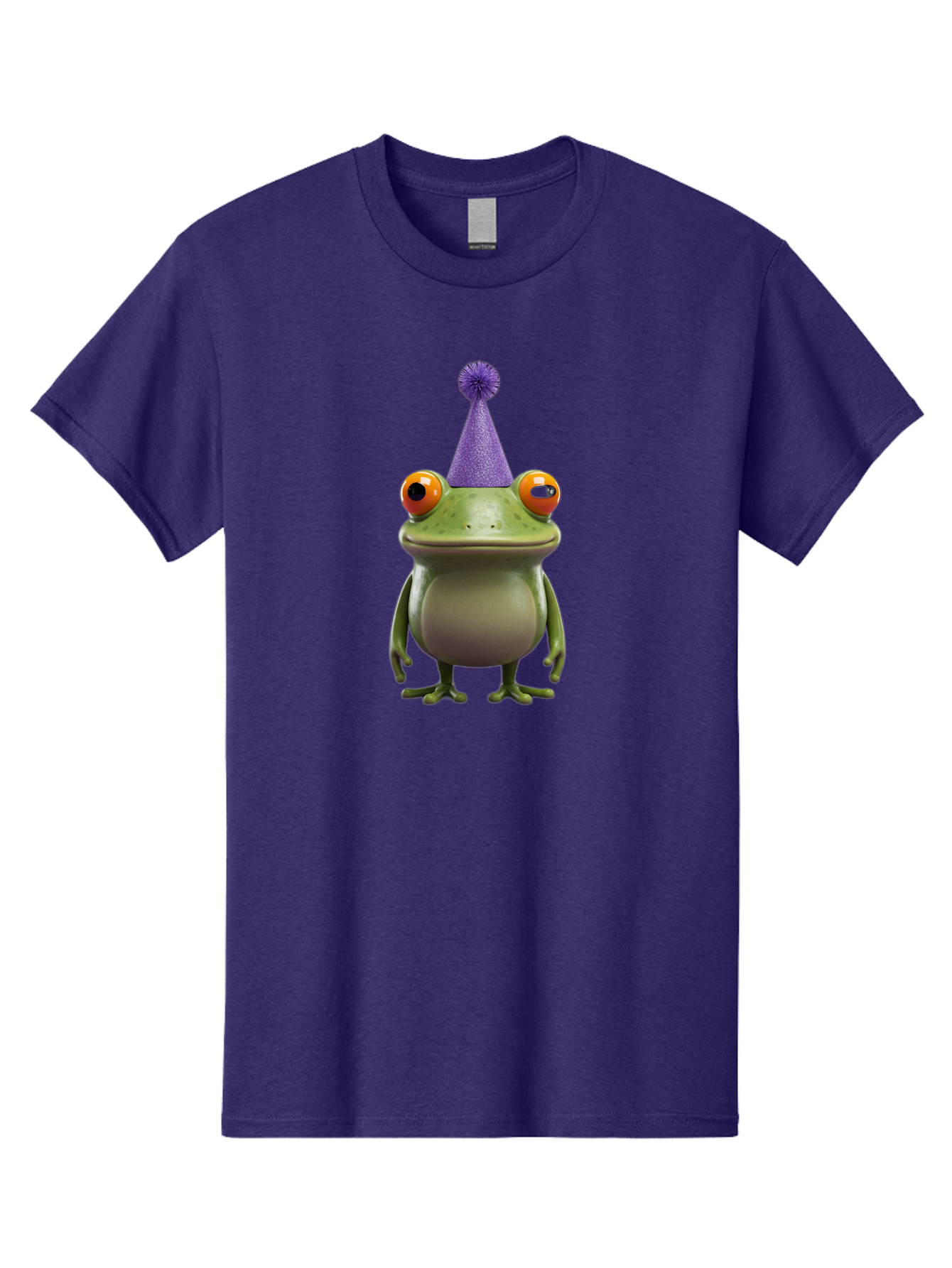 Frog-In-Party-Hat-1 Men'S Graphic Tee, 100% Cotton, Comfortable Casual Summer Wear, Machine Washable, Funny Cartoon Frog, Party Hat, Celebration, Purple Hat, Orange Eyes, Playful Character, Cute Amphibian, Festive Mood, Humorous Illustration Bab921