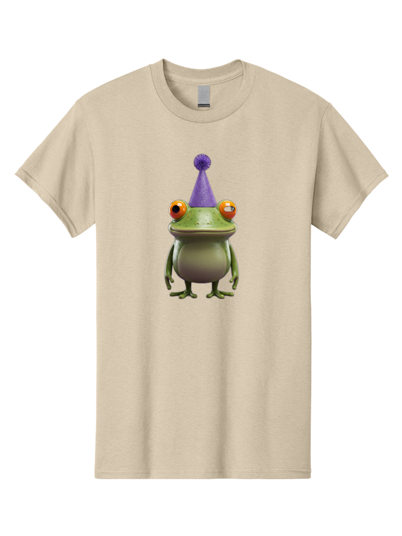 Frog-In-Party-Hat-1 Men'S Graphic Tee, 100% Cotton, Comfortable Casual Summer Wear, Machine Washable, Funny Cartoon Frog, Party Hat, Celebration, Purple Hat, Orange Eyes, Playful Character, Cute Amphibian, Festive Mood, Humorous Illustration Bab921