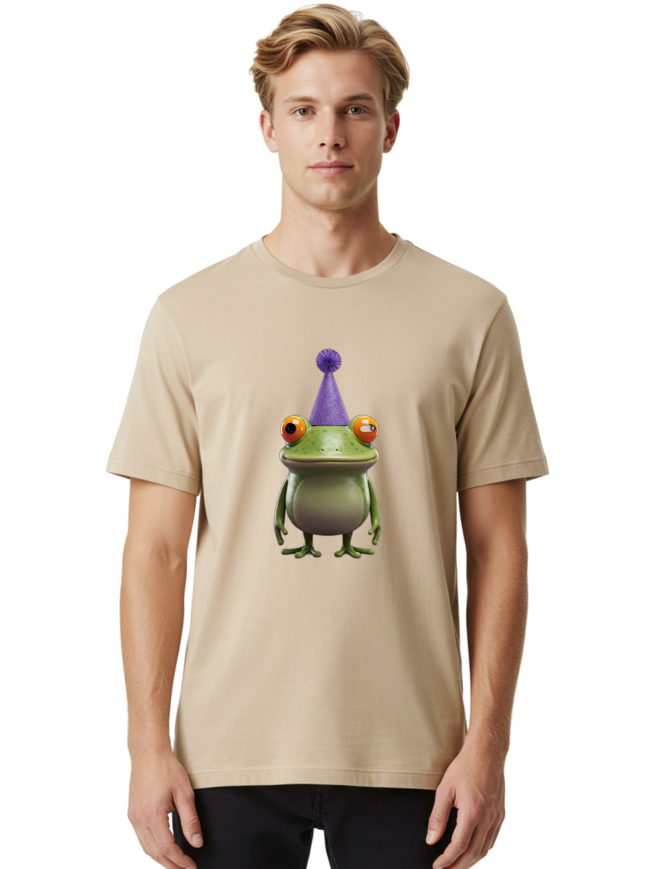 Frog-In-Party-Hat-1 Men'S Graphic Tee, 100% Cotton, Comfortable Casual Summer Wear, Machine Washable, Funny Cartoon Frog, Party Hat, Celebration, Purple Hat, Orange Eyes, Playful Character, Cute Amphibian, Festive Mood, Humorous Illustration Bab921