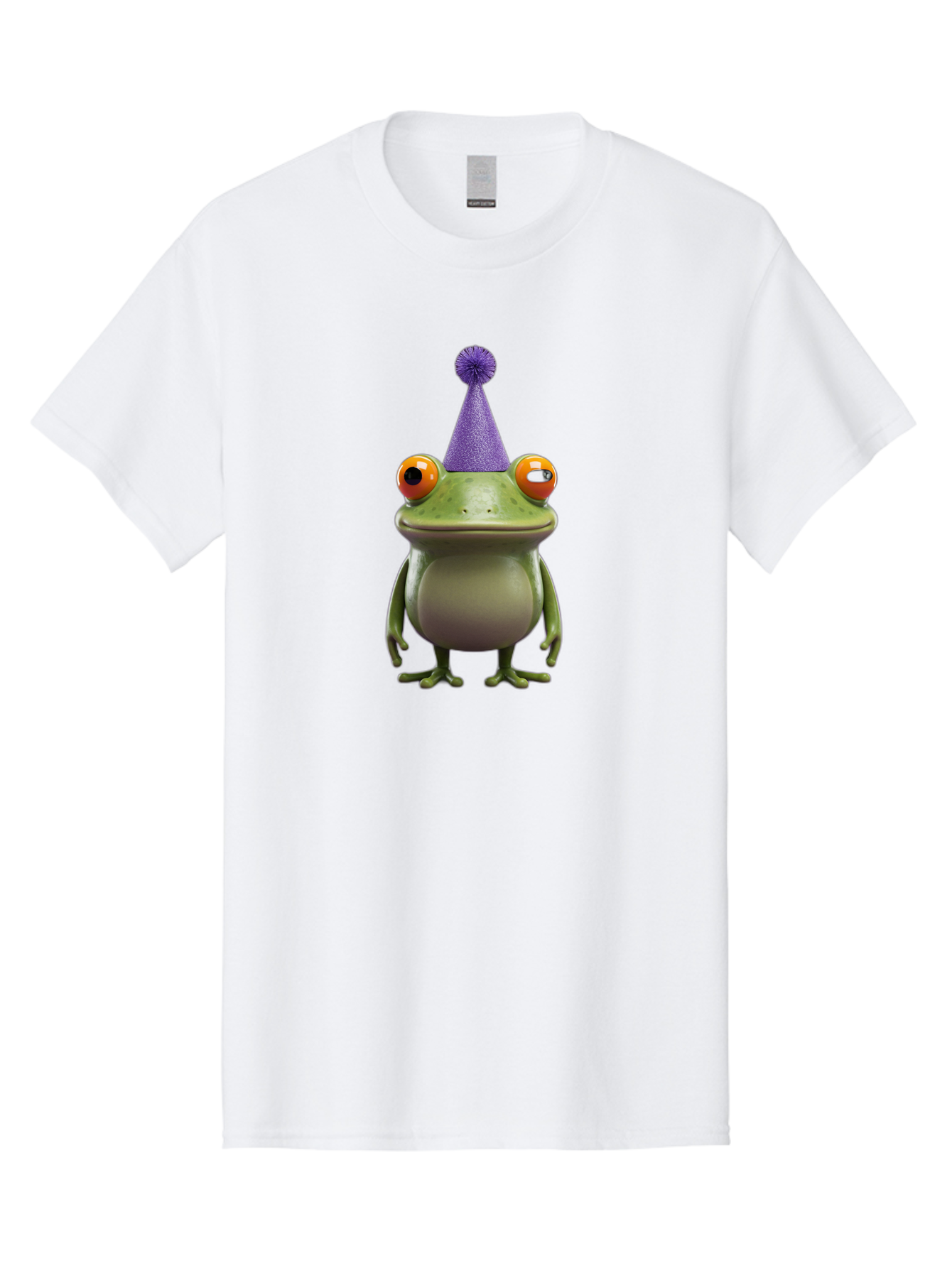 Frog-In-Party-Hat-1 Men'S Graphic Tee, 100% Cotton, Comfortable Casual Summer Wear, Machine Washable, Funny Cartoon Frog, Party Hat, Celebration, Purple Hat, Orange Eyes, Playful Character, Cute Amphibian, Festive Mood, Humorous Illustration Bab921
