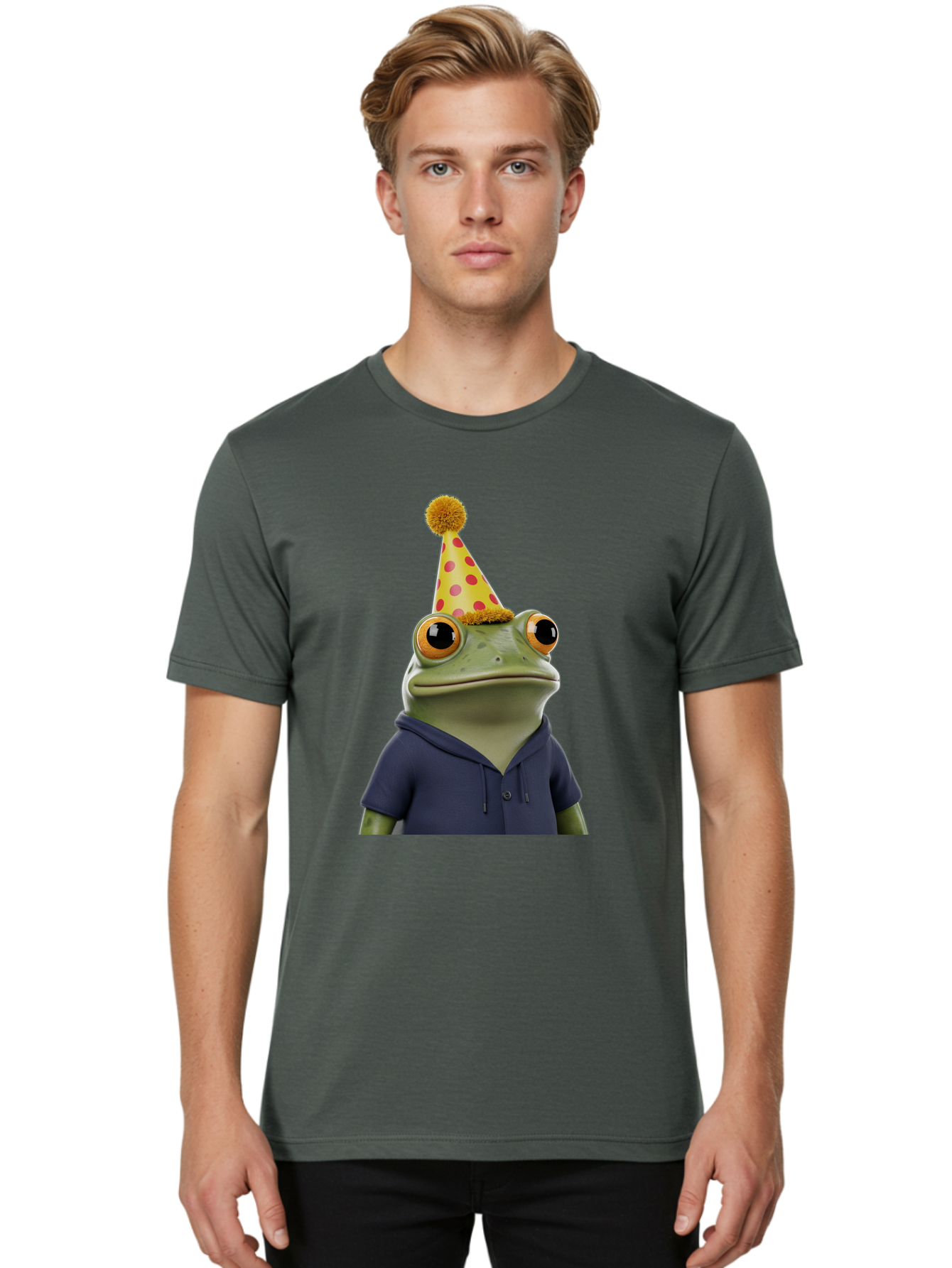 Frog-In-Party-Hat-2 Men'S Graphic Tee, 100% Cotton, Comfortable Casual Summer Wear, Machine Washable, Cartoon Frog, Party Hat, Red And Pink Polka Dots, Yellow Hat, Blue Hoodie, Casual Wear, Celebration, Festive Atmosphere, Funny Character, Bab922