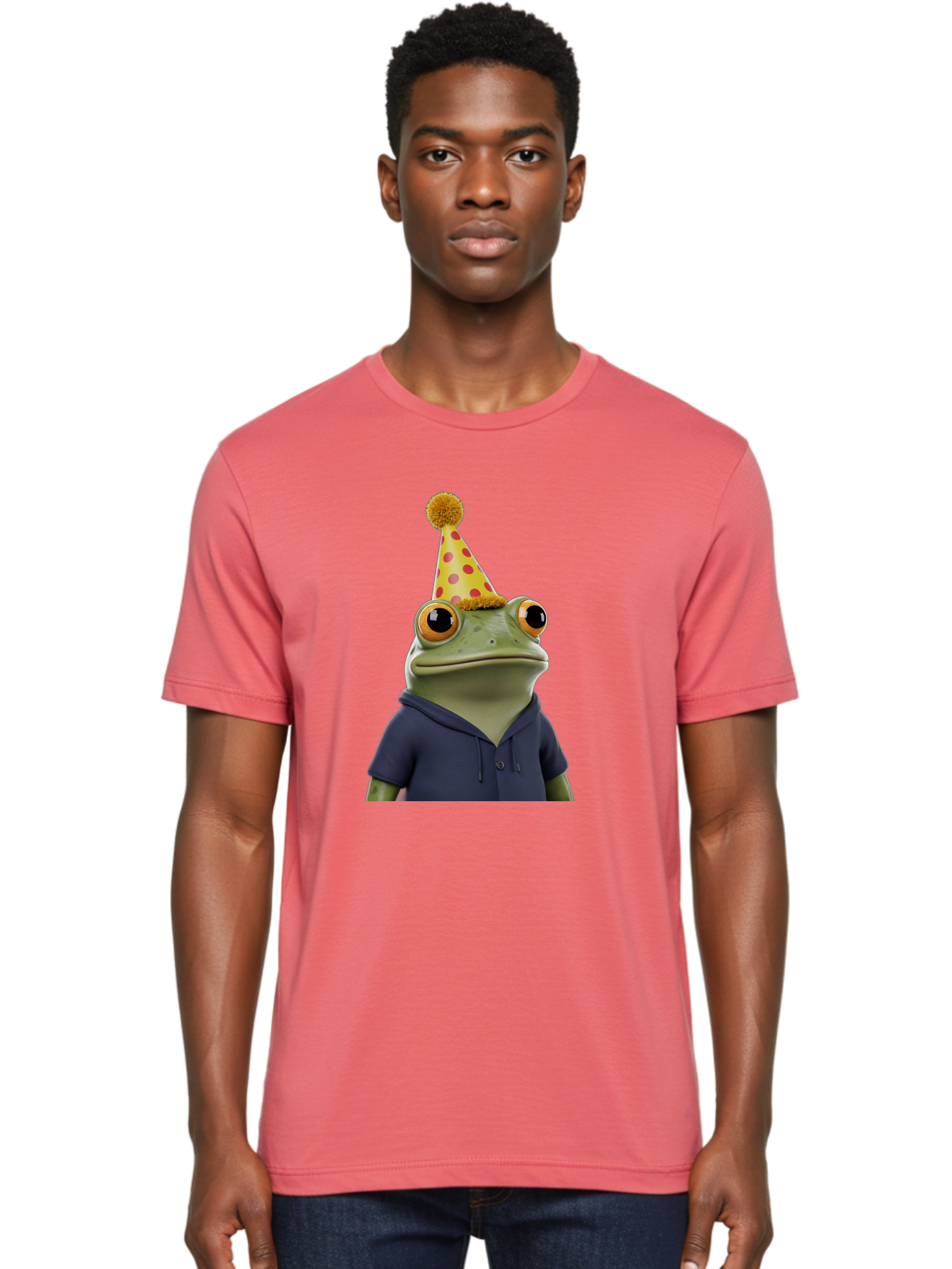 Frog-In-Party-Hat-2 Men'S Graphic Tee, 100% Cotton, Comfortable Casual Summer Wear, Machine Washable, Cartoon Frog, Party Hat, Red And Pink Polka Dots, Yellow Hat, Blue Hoodie, Casual Wear, Celebration, Festive Atmosphere, Funny Character, Bab922