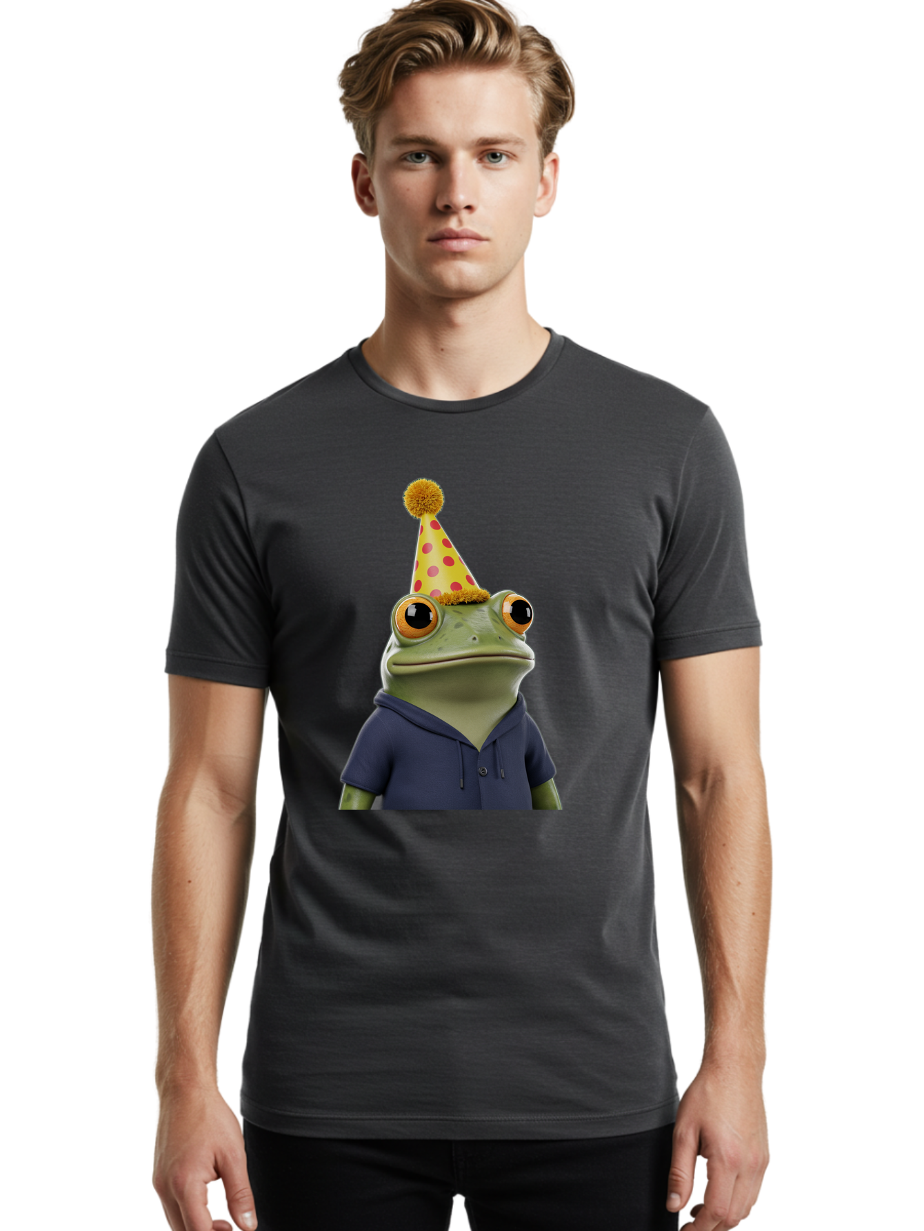 Frog-In-Party-Hat-2 Men'S Graphic Tee, 100% Cotton, Comfortable Casual Summer Wear, Machine Washable, Cartoon Frog, Party Hat, Red And Pink Polka Dots, Yellow Hat, Blue Hoodie, Casual Wear, Celebration, Festive Atmosphere, Funny Character, Bab922