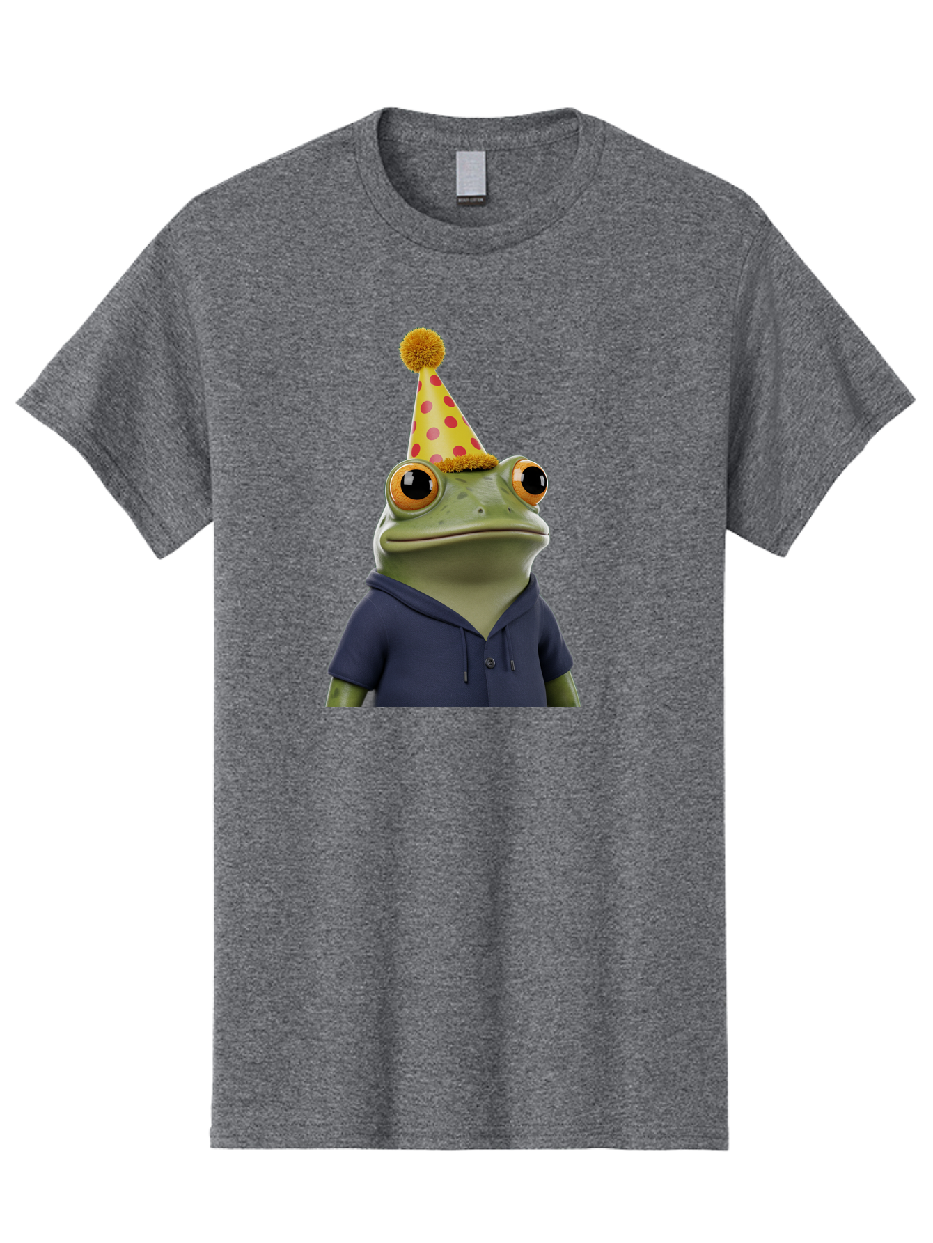 Frog-In-Party-Hat-2 Men'S Graphic Tee, 100% Cotton, Comfortable Casual Summer Wear, Machine Washable, Cartoon Frog, Party Hat, Red And Pink Polka Dots, Yellow Hat, Blue Hoodie, Casual Wear, Celebration, Festive Atmosphere, Funny Character, Bab922