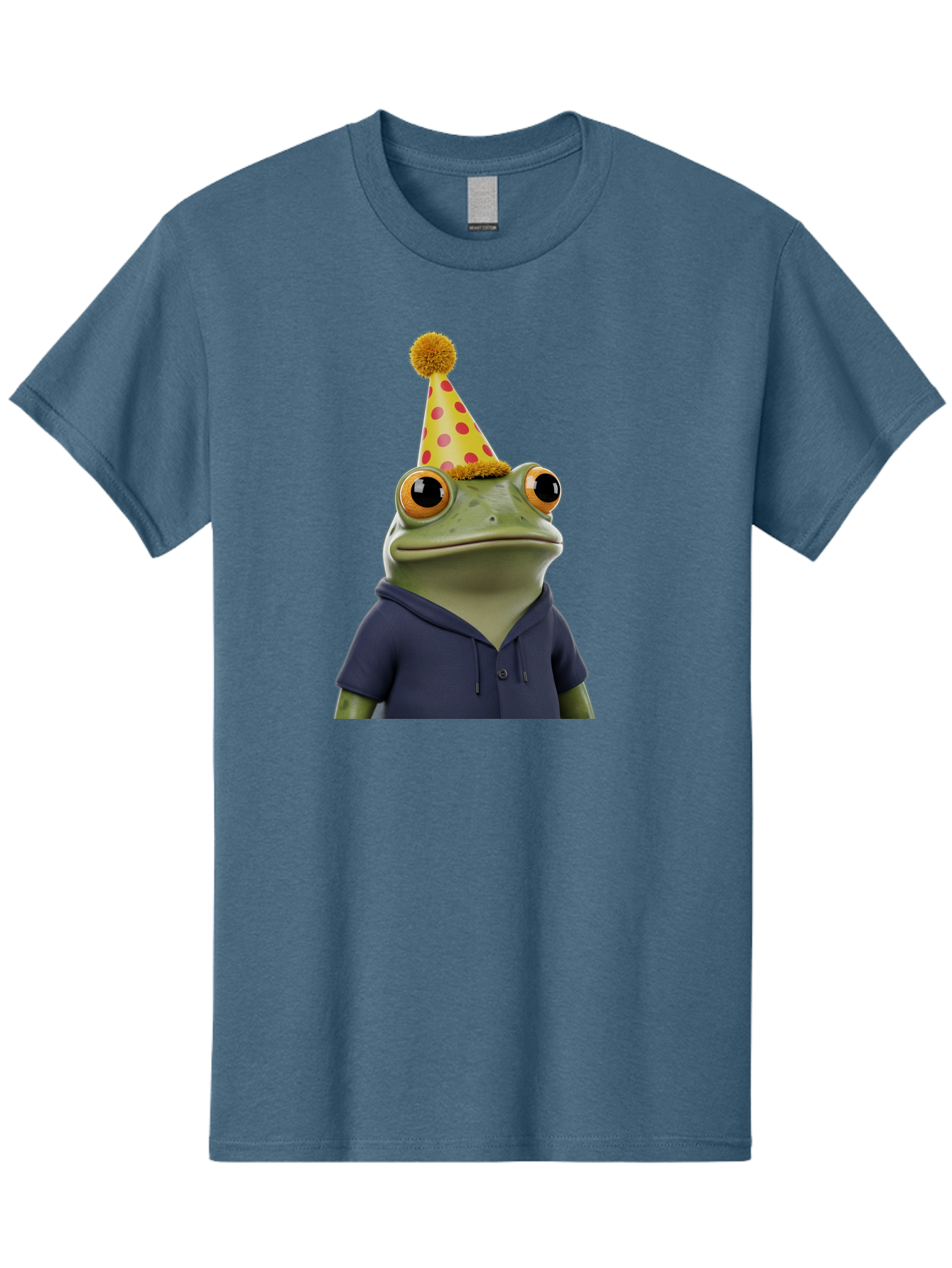Frog-In-Party-Hat-2 Men'S Graphic Tee, 100% Cotton, Comfortable Casual Summer Wear, Machine Washable, Cartoon Frog, Party Hat, Red And Pink Polka Dots, Yellow Hat, Blue Hoodie, Casual Wear, Celebration, Festive Atmosphere, Funny Character, Bab922