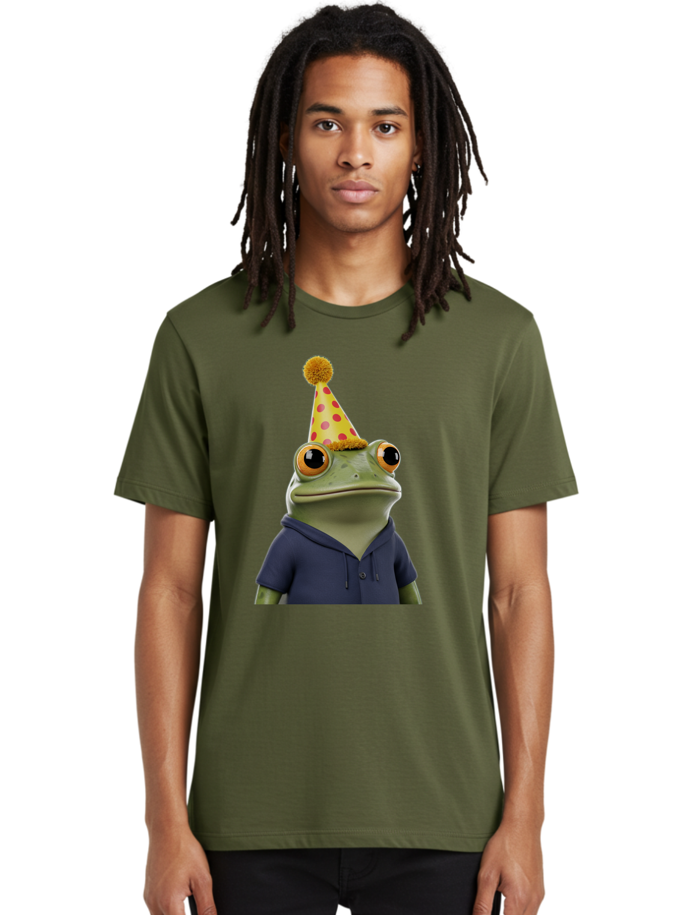 Frog-In-Party-Hat-2 Men'S Graphic Tee, 100% Cotton, Comfortable Casual Summer Wear, Machine Washable, Cartoon Frog, Party Hat, Red And Pink Polka Dots, Yellow Hat, Blue Hoodie, Casual Wear, Celebration, Festive Atmosphere, Funny Character, Bab922