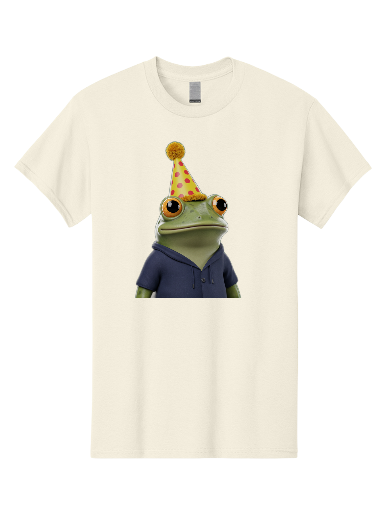 Frog-In-Party-Hat-2 Men'S Graphic Tee, 100% Cotton, Comfortable Casual Summer Wear, Machine Washable, Cartoon Frog, Party Hat, Red And Pink Polka Dots, Yellow Hat, Blue Hoodie, Casual Wear, Celebration, Festive Atmosphere, Funny Character, Bab922