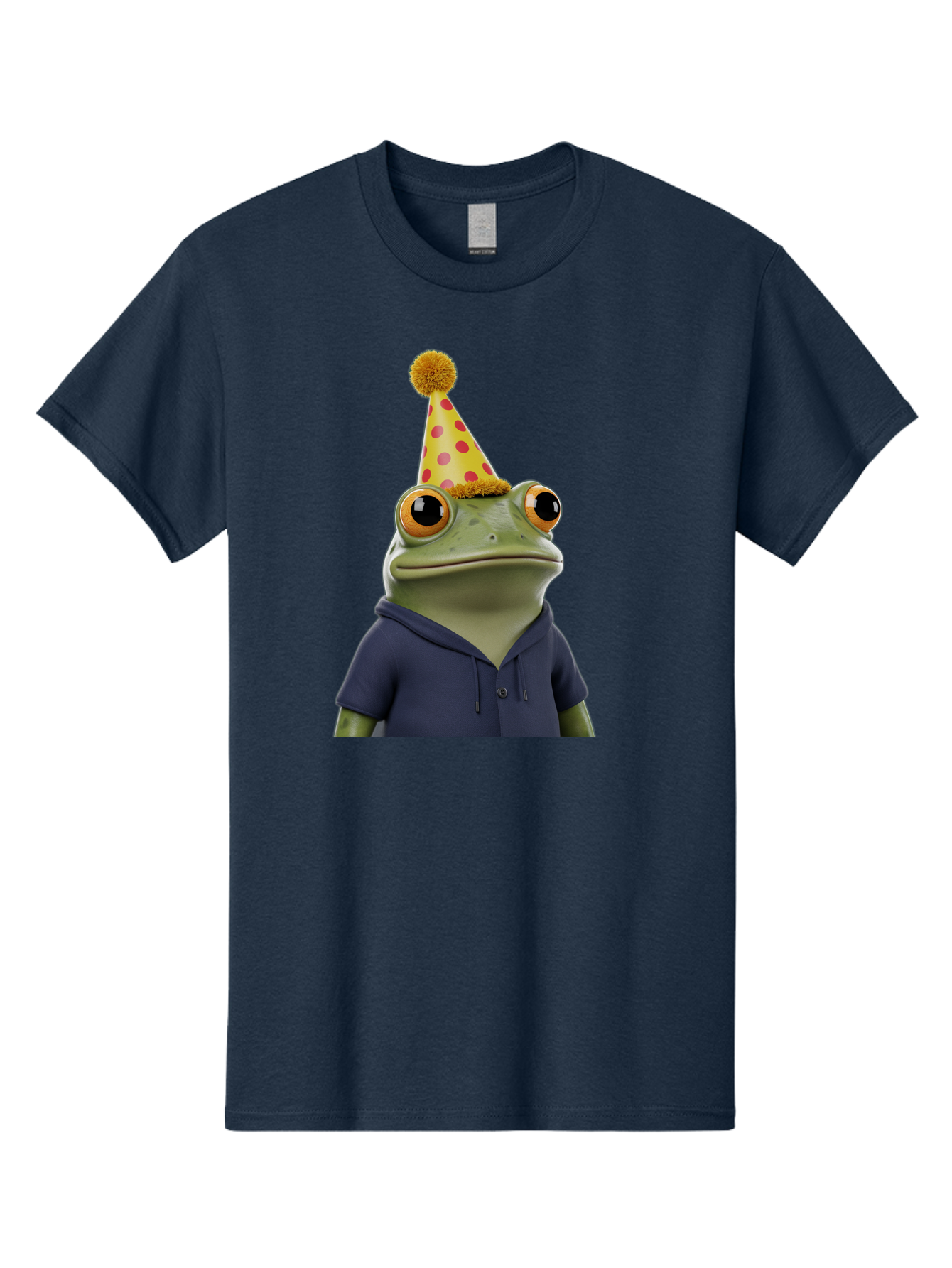 Frog-In-Party-Hat-2 Men'S Graphic Tee, 100% Cotton, Comfortable Casual Summer Wear, Machine Washable, Cartoon Frog, Party Hat, Red And Pink Polka Dots, Yellow Hat, Blue Hoodie, Casual Wear, Celebration, Festive Atmosphere, Funny Character, Bab922
