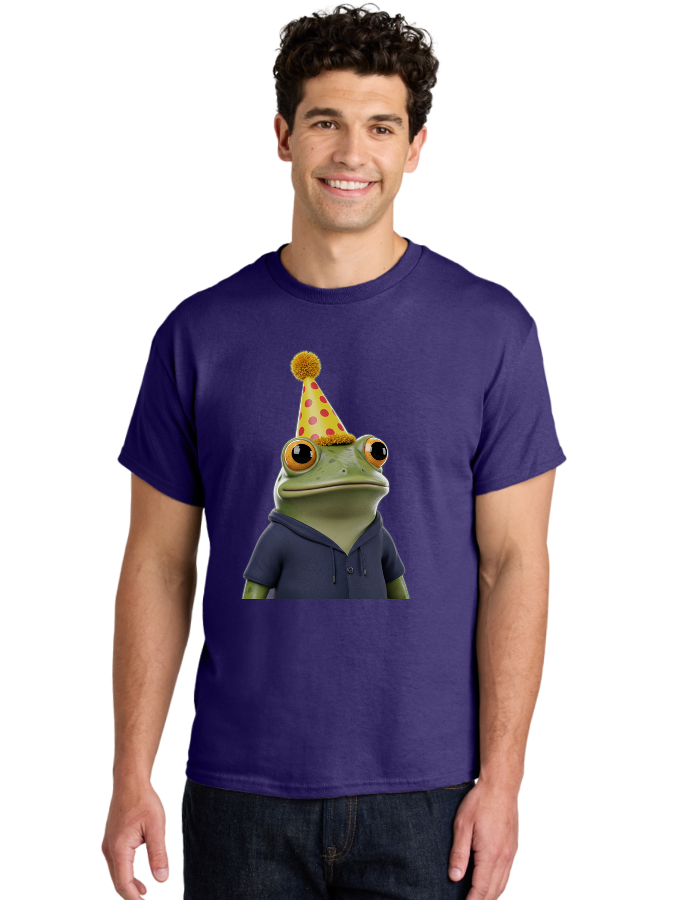 Frog-In-Party-Hat-2 Men'S Graphic Tee, 100% Cotton, Comfortable Casual Summer Wear, Machine Washable, Cartoon Frog, Party Hat, Red And Pink Polka Dots, Yellow Hat, Blue Hoodie, Casual Wear, Celebration, Festive Atmosphere, Funny Character, Bab922
