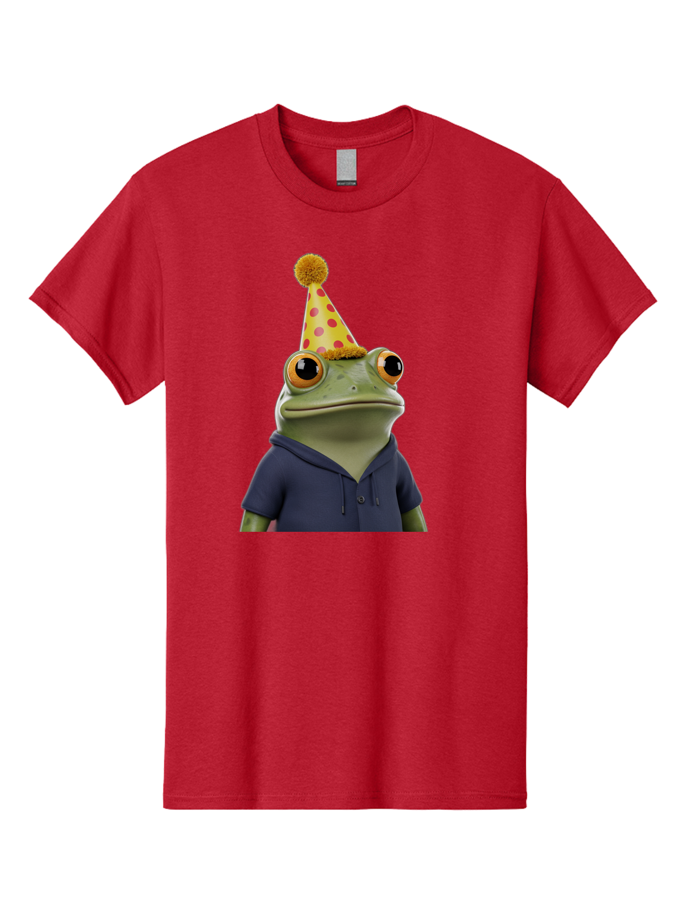 Frog-In-Party-Hat-2 Men'S Graphic Tee, 100% Cotton, Comfortable Casual Summer Wear, Machine Washable, Cartoon Frog, Party Hat, Red And Pink Polka Dots, Yellow Hat, Blue Hoodie, Casual Wear, Celebration, Festive Atmosphere, Funny Character, Bab922